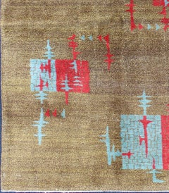 Mid-Century Modern Turkish Rug with Teal-Blue and Red Geometric Shapes