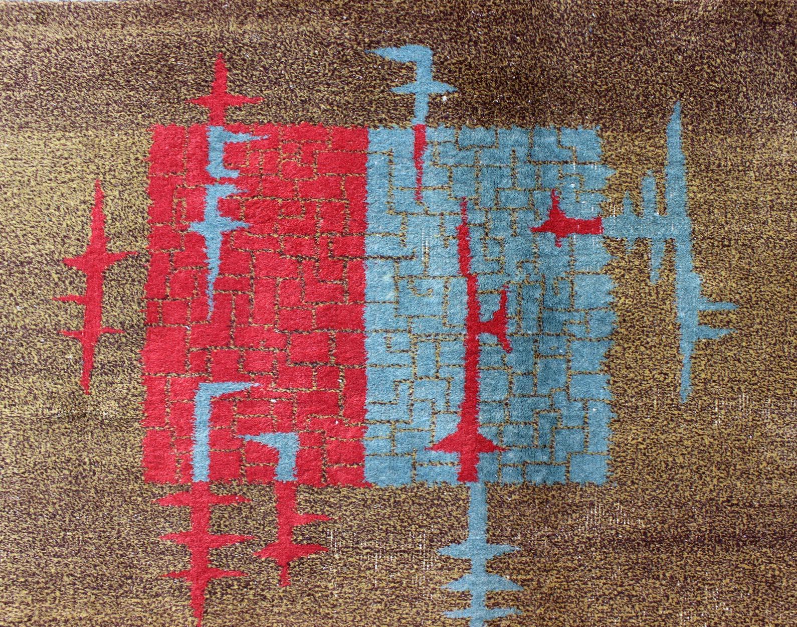 Hand-Knotted Mid-Century Modern Turkish Rug with Teal-Blue and Red Geometric Shapes  For Sale