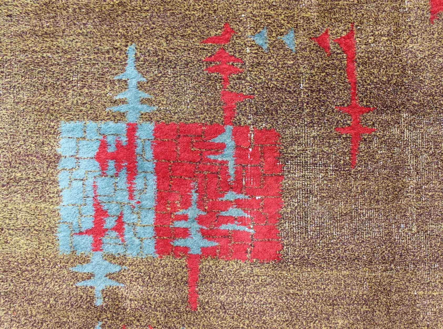 Mid-Century Modern Turkish Rug with Teal-Blue and Red Geometric Shapes  In Excellent Condition For Sale In Atlanta, GA