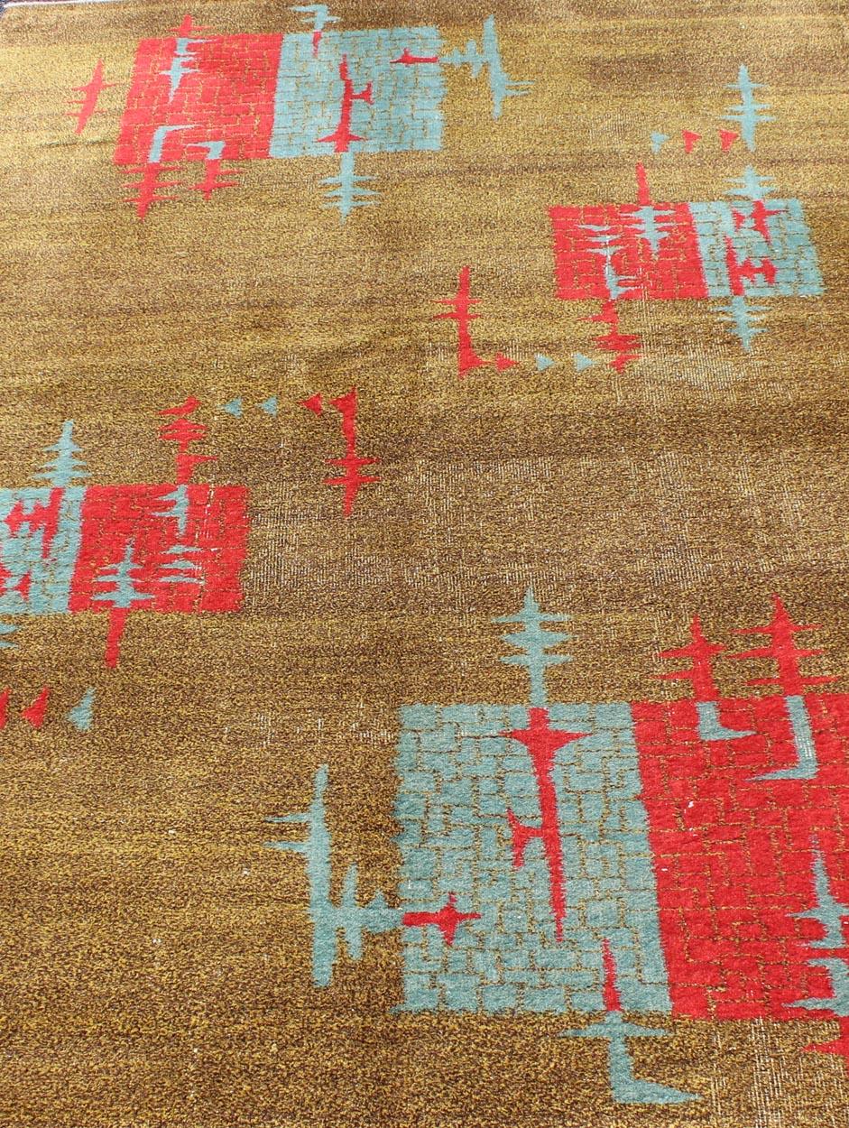 Wool Mid-Century Modern Turkish Rug with Teal-Blue and Red Geometric Shapes  For Sale