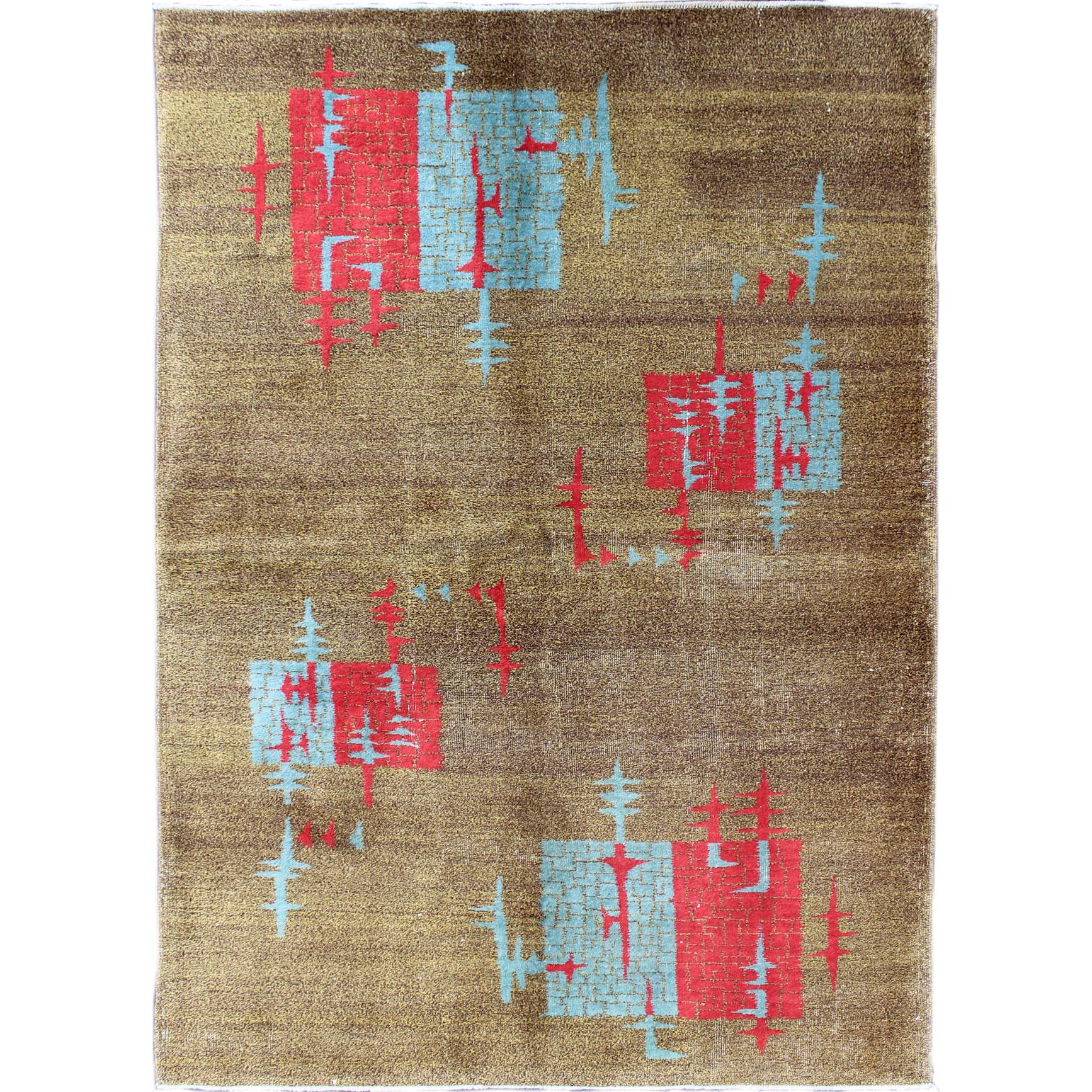 Mid-Century Modern Turkish Rug with Teal-Blue and Red Geometric Shapes  For Sale