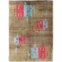 Retro Mid-Century Modern Turkish Rug with Teal-Blue and Red Geometric Shapes 