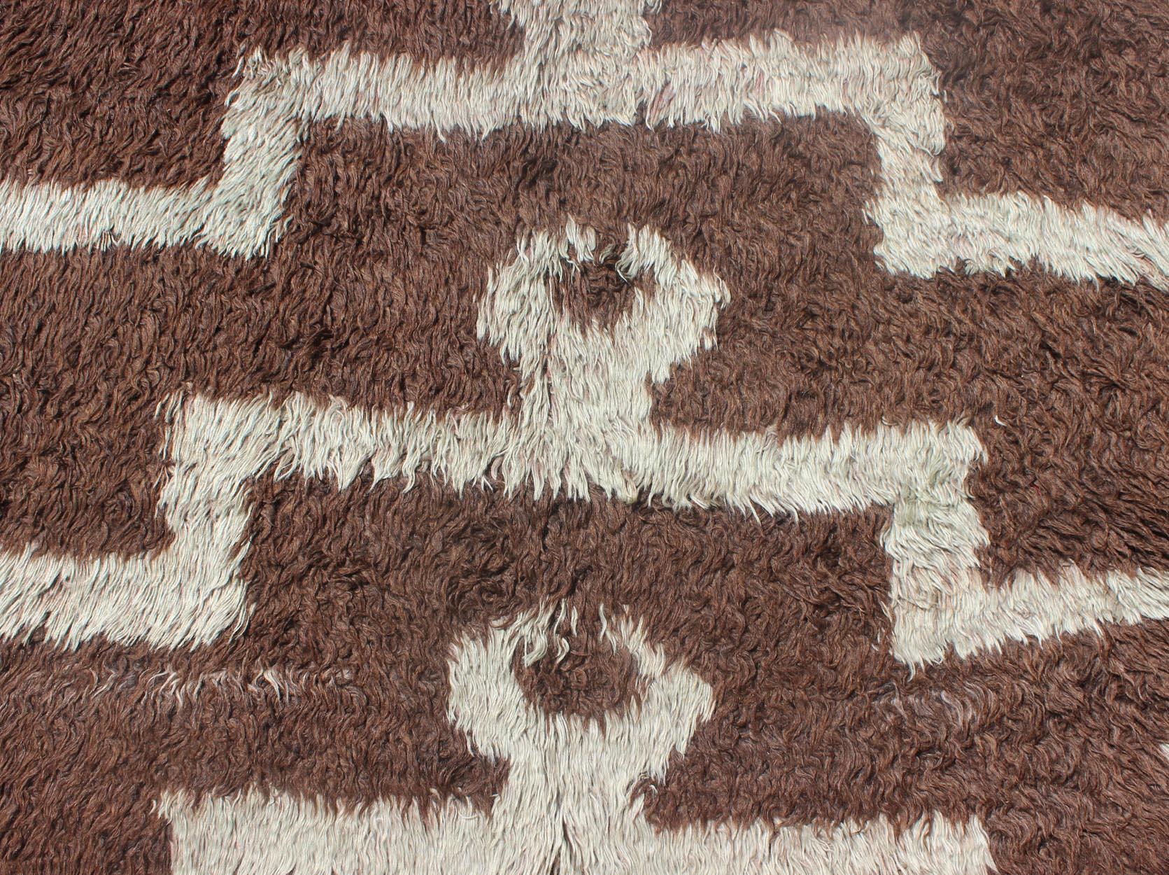Wool Mid-Century Modern Turkish Tulu with Tribal Pattern in Ice Blue and Brown For Sale