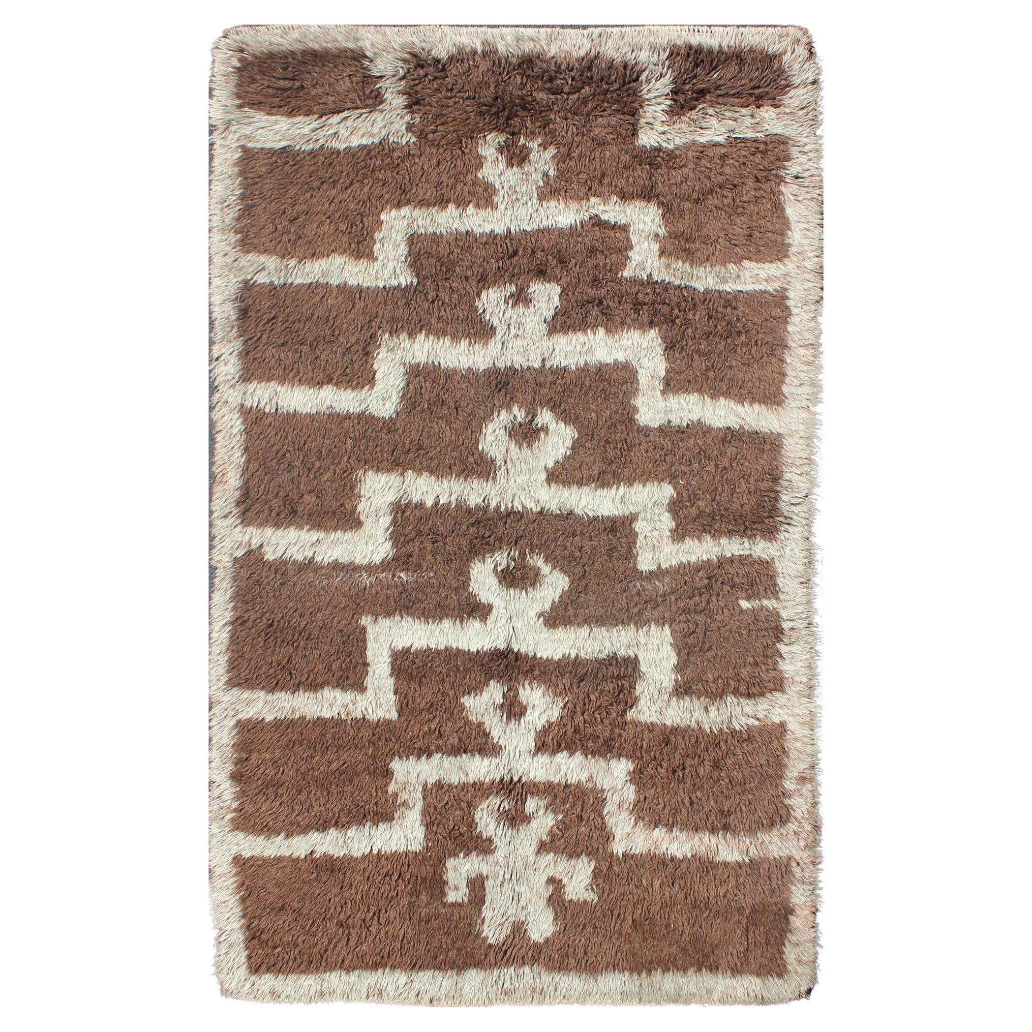 Mid-Century Modern Turkish Tulu with Tribal Pattern in Ice Blue and Brown