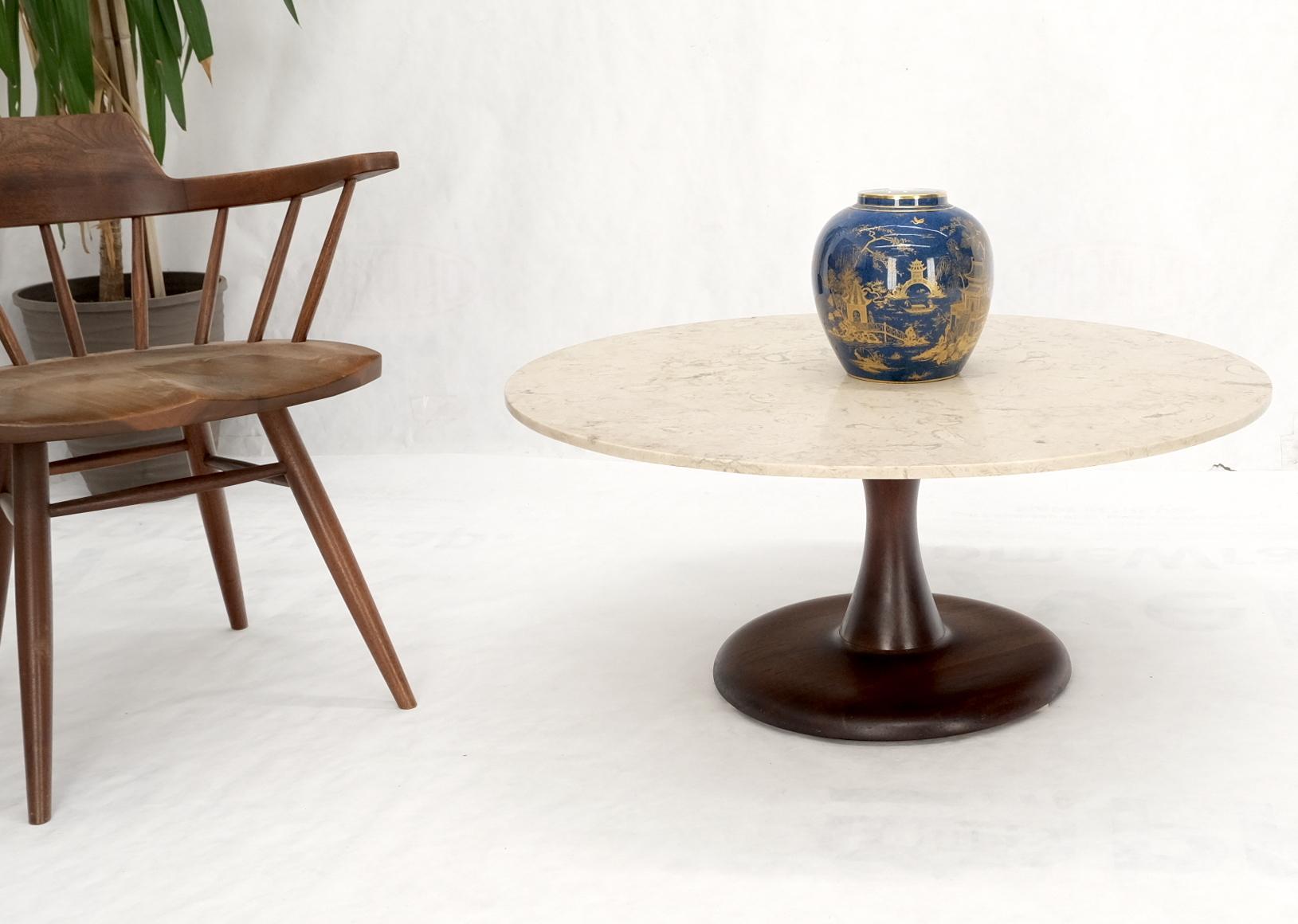 Mid-Century Modern solid walnut base marble top coffee center table.