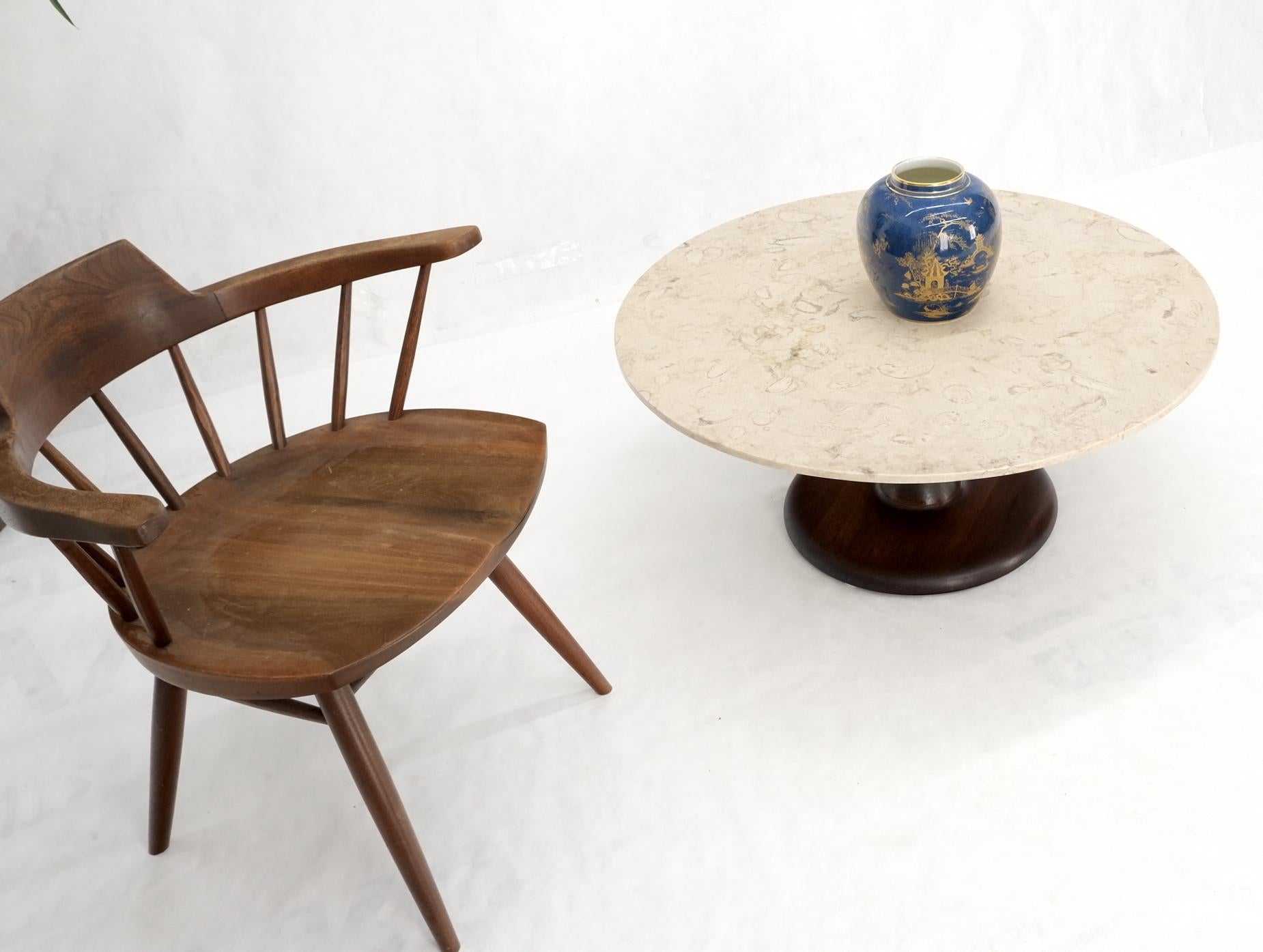 20th Century Mid-Century Modern Turned Solid Walnut Base Marble Top Round Coffee Table MINT For Sale