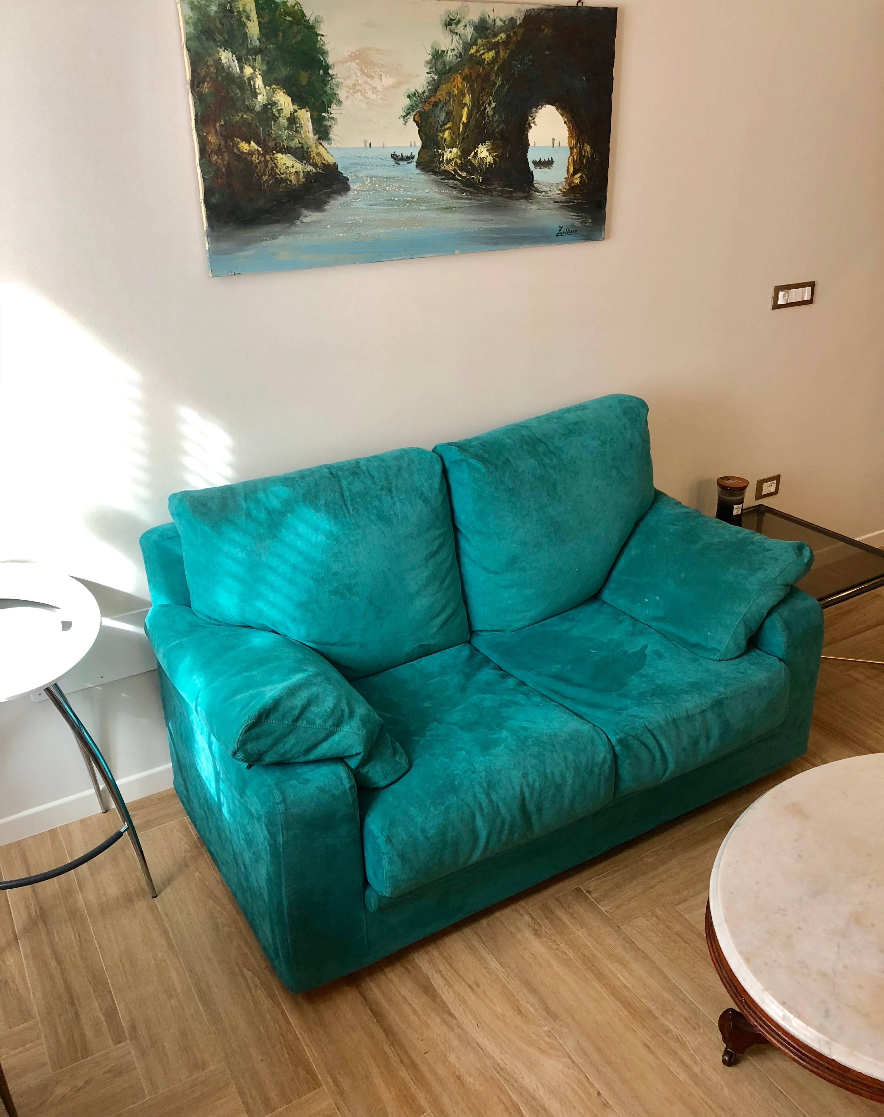 Mid-Century Modern Mid-Century Turquoise / Blue Two-Seat Sofa, Italy