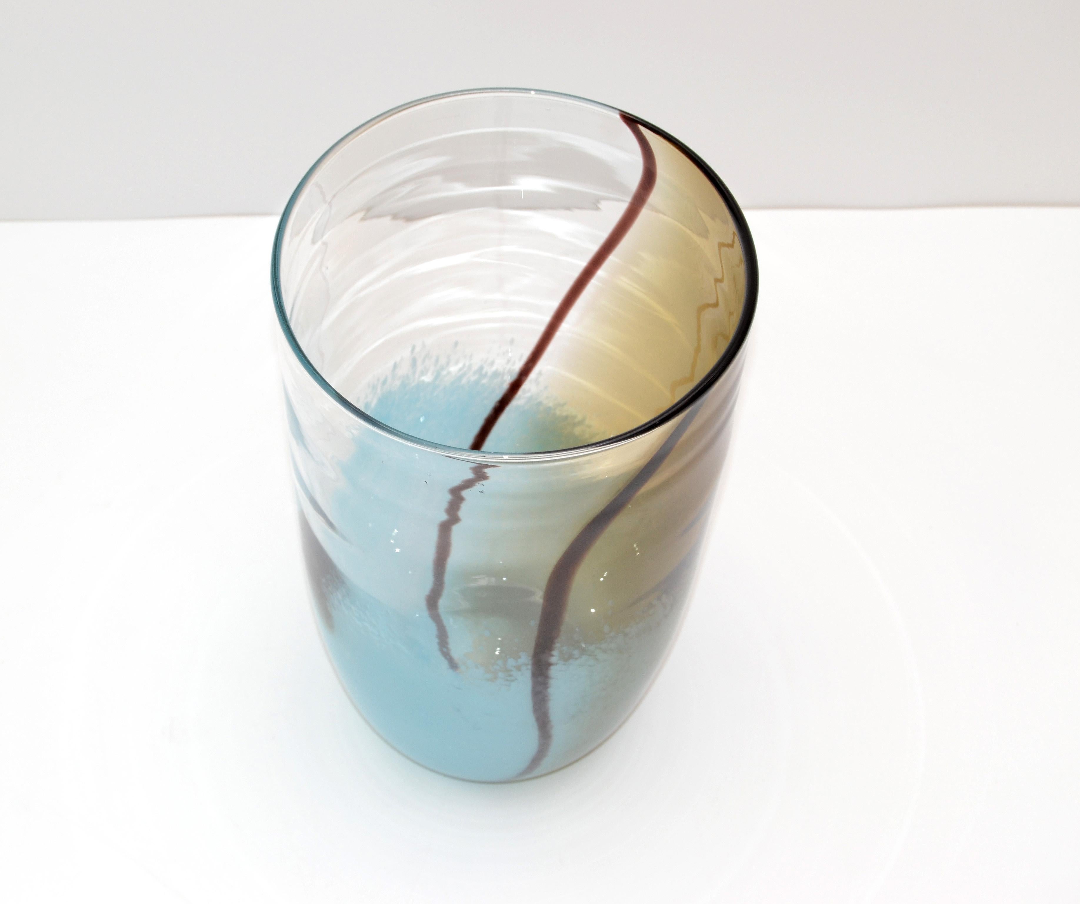 Italian Mid-Century Modern Turquoise and Brown Blown Murano Art Glass Flower Vase, Italy