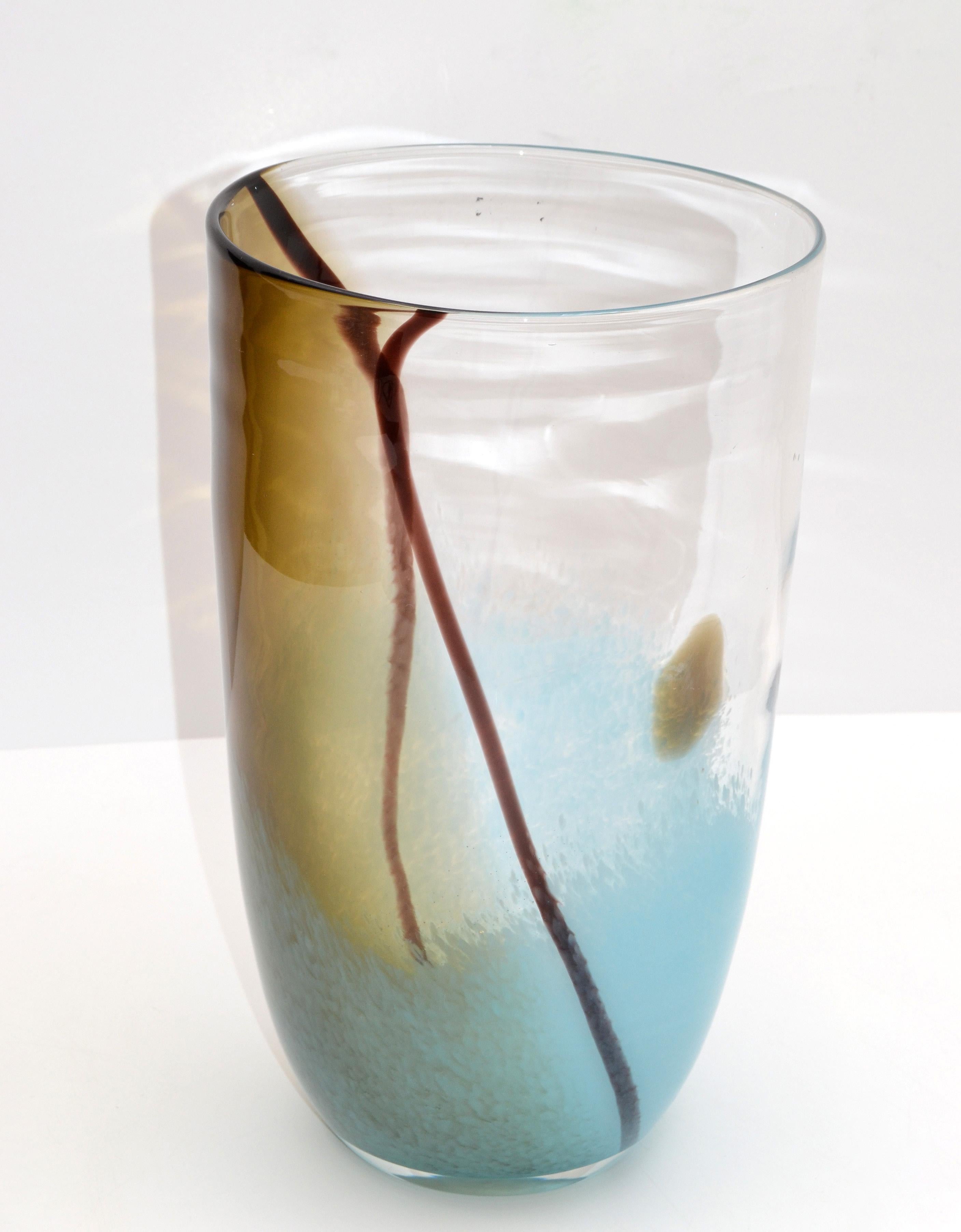 Hand-Crafted Mid-Century Modern Turquoise and Brown Blown Murano Art Glass Flower Vase, Italy