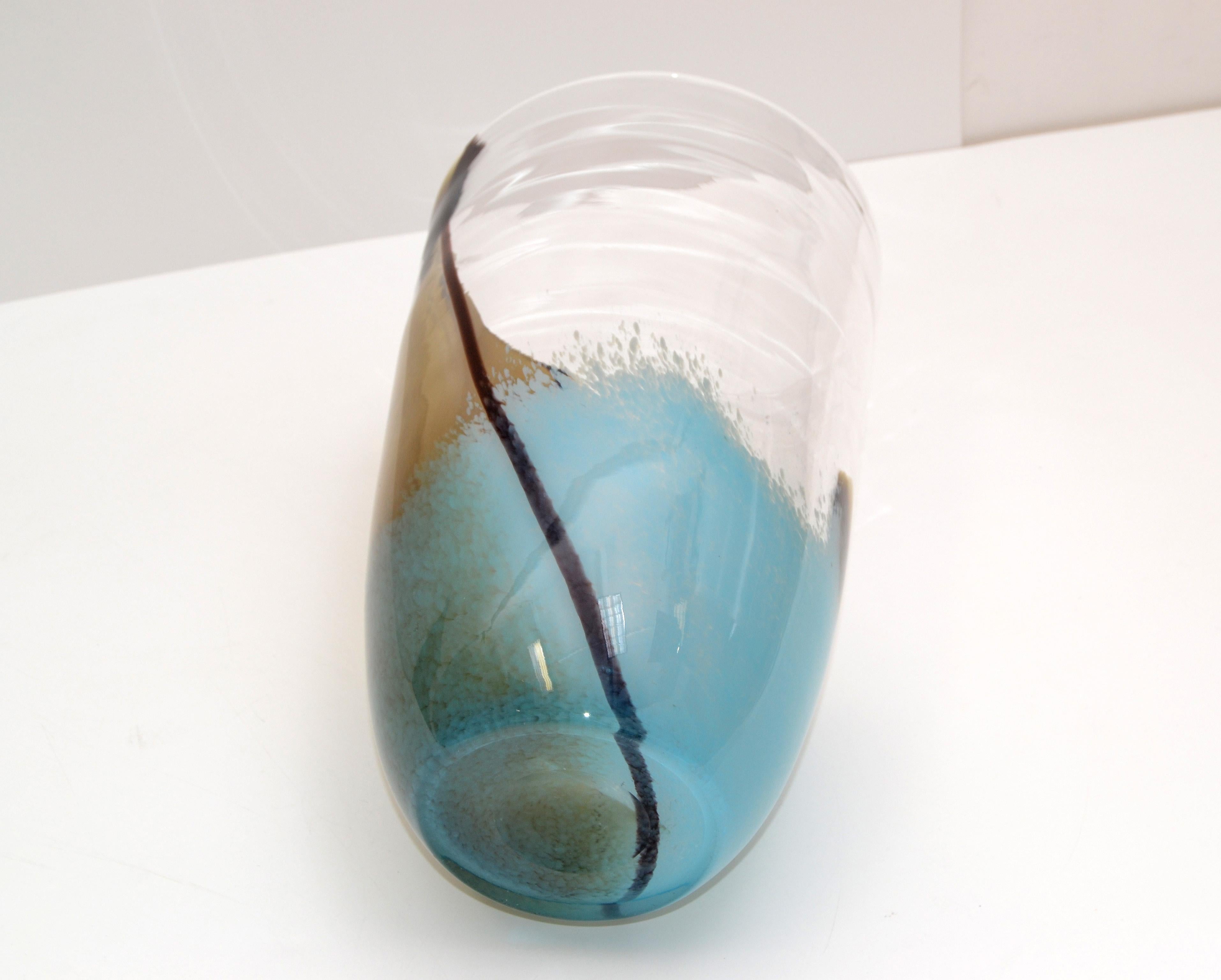 20th Century Mid-Century Modern Turquoise and Brown Blown Murano Art Glass Flower Vase, Italy