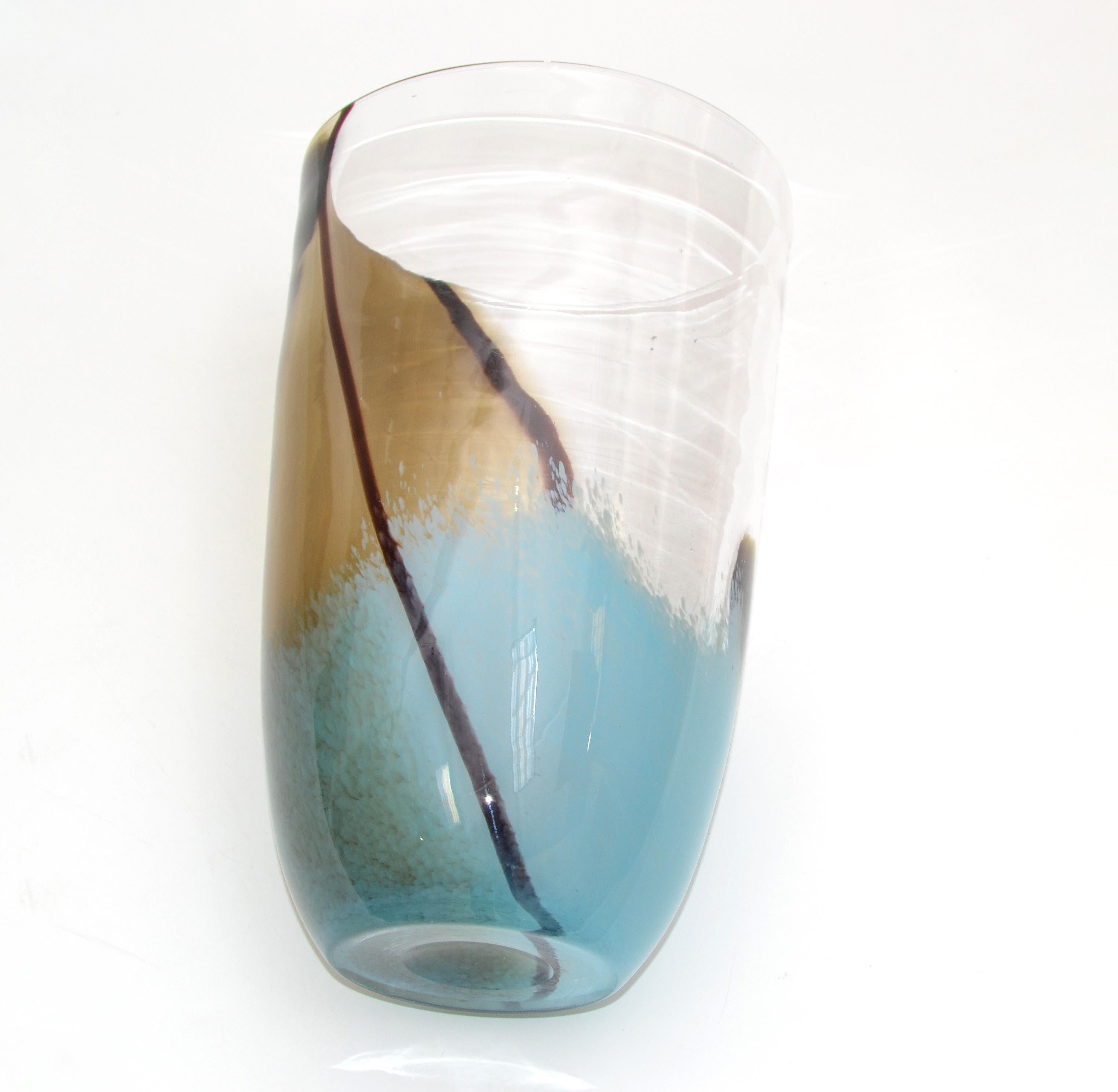 Murano Glass Mid-Century Modern Turquoise and Brown Blown Murano Art Glass Flower Vase, Italy