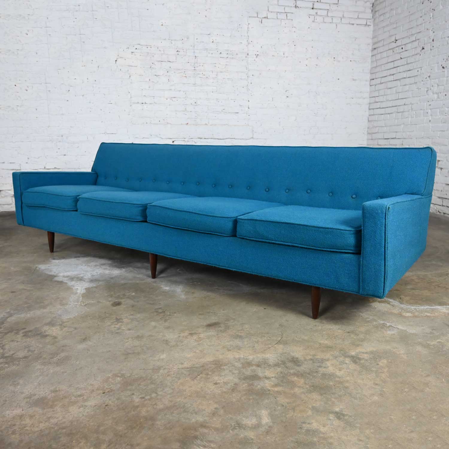 Fabric Mid-Century Modern Turquoise Lawson 4 Cushion Sofa Attr Milo Baughman James Inc. For Sale