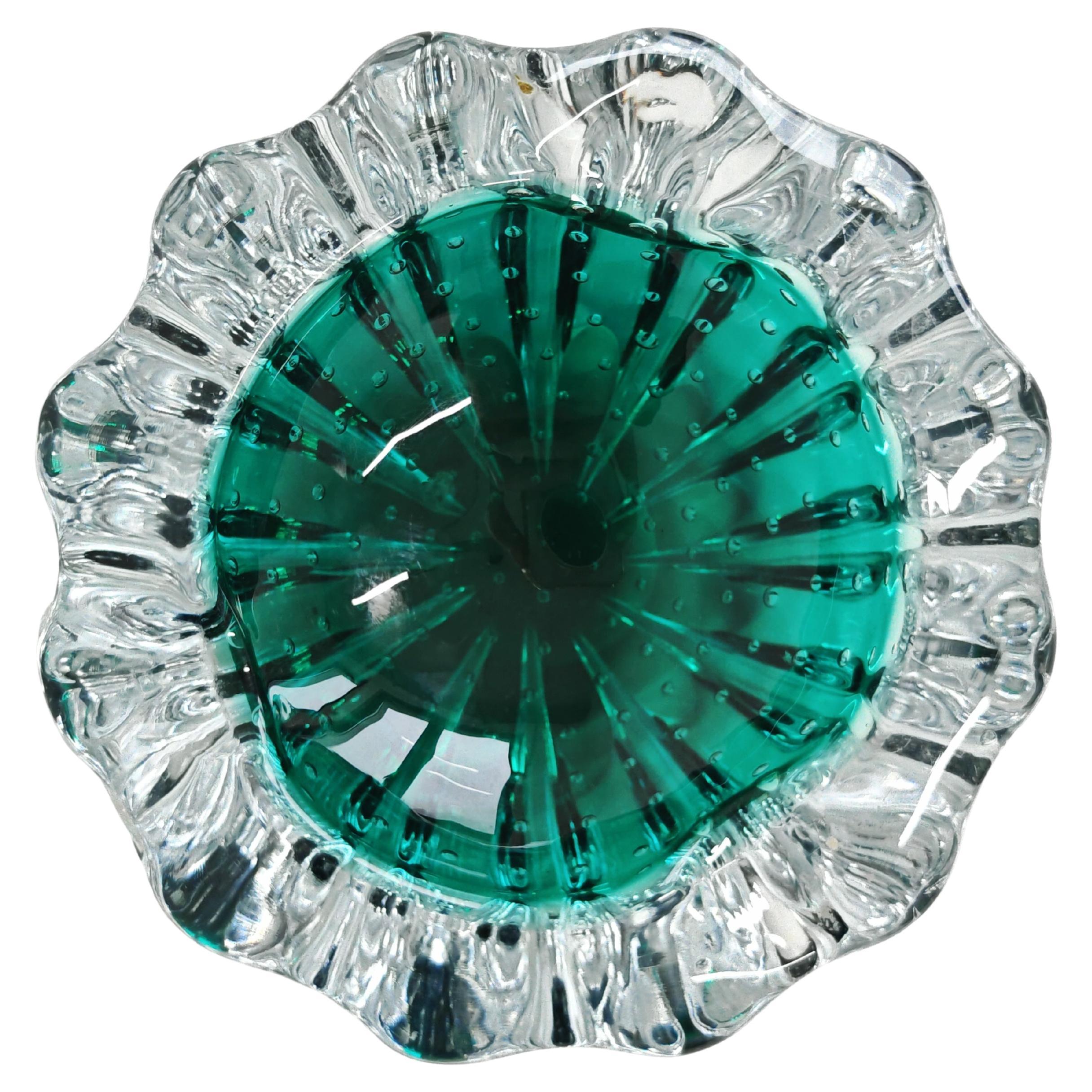 Mid Century Modern Turquoise Murano glass ashtray, controlled bubble technique