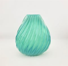 Mid-Century Modern Turquoise or Aquamarine Barovier Styled Ribbed Art Glass Vase