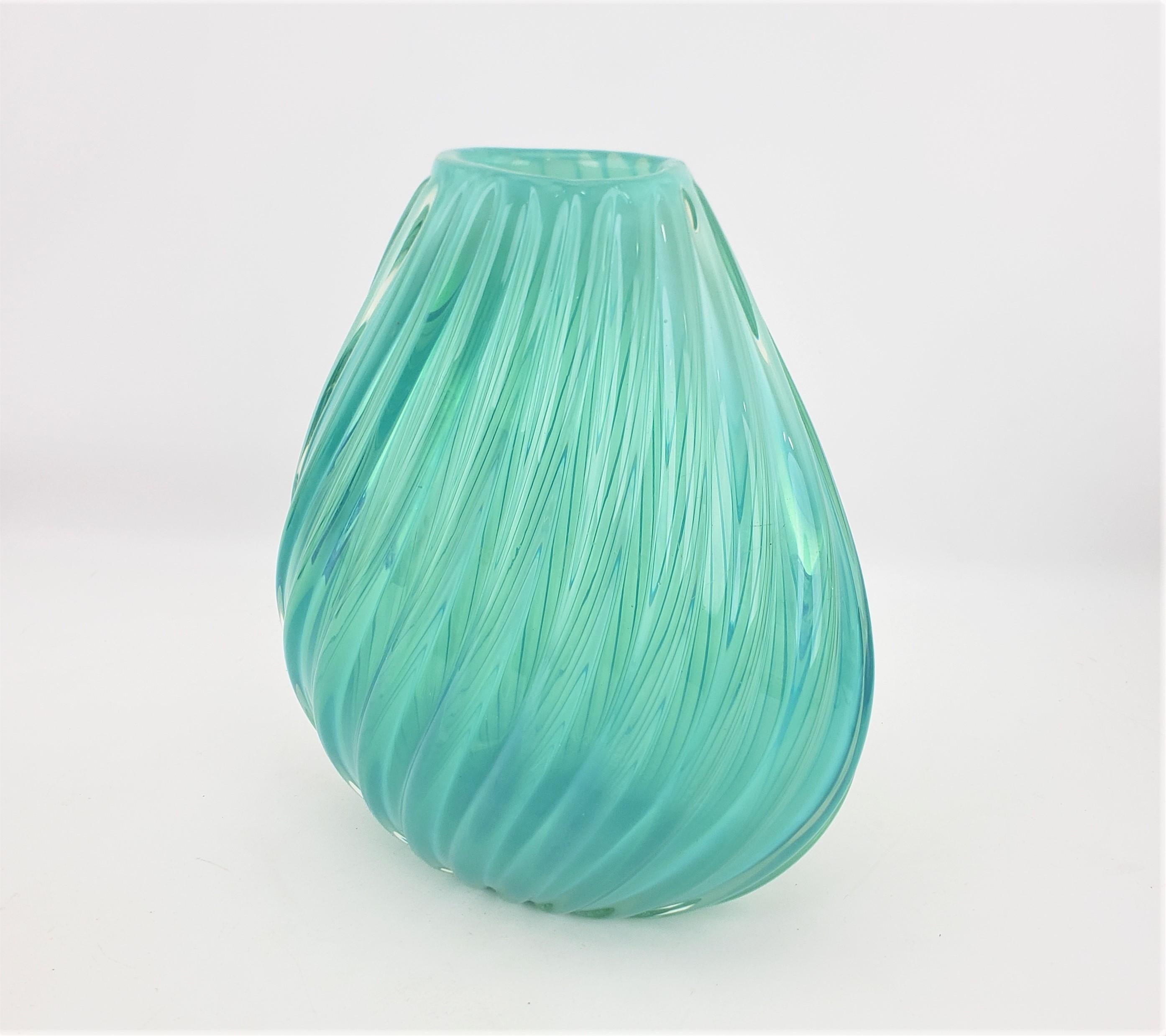 Italian Mid-Century Modern Turquoise or Aquamarine Barovier Styled Ribbed Art Glass Vase For Sale