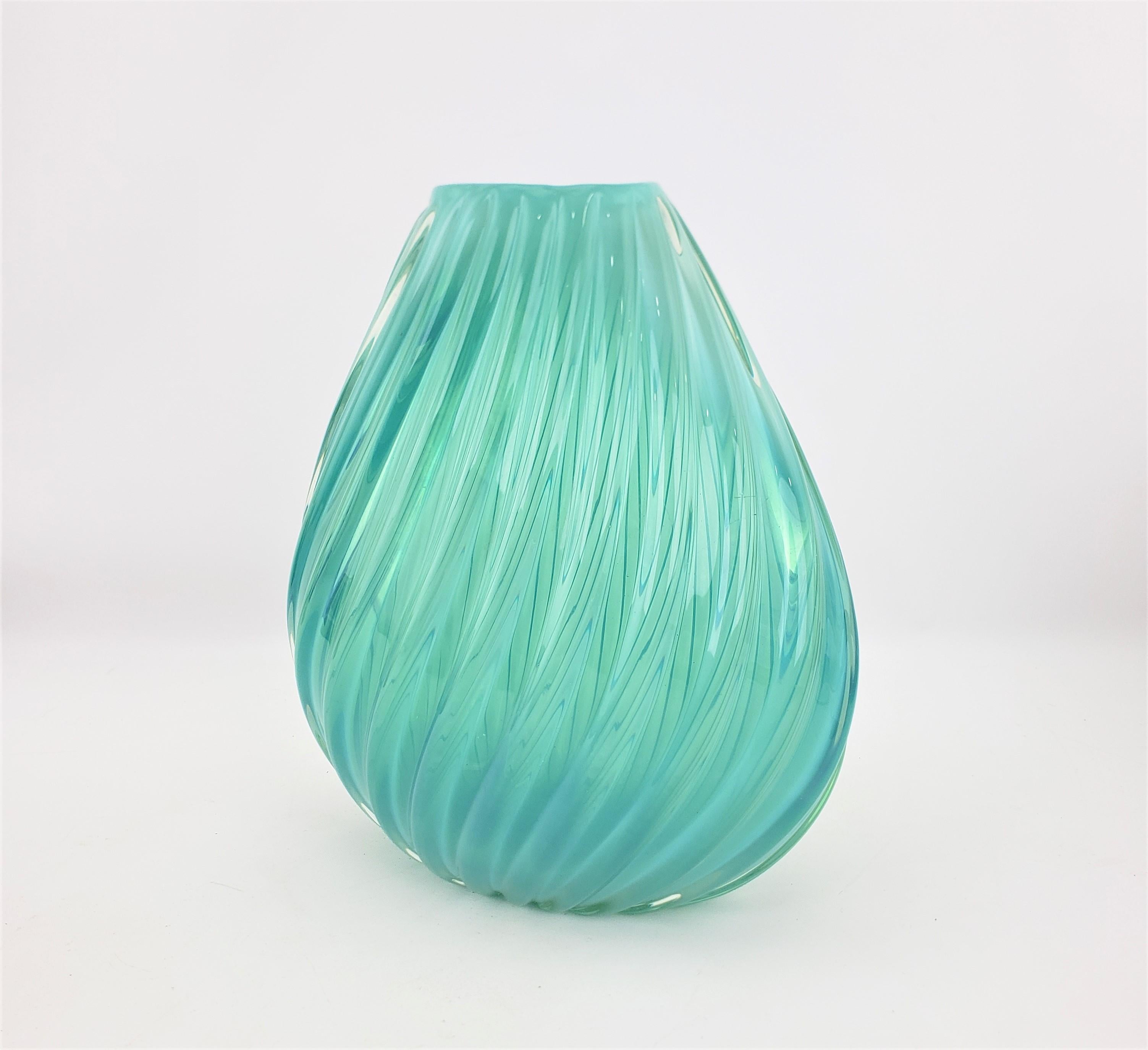 Hand-Crafted Mid-Century Modern Turquoise or Aquamarine Barovier Styled Ribbed Art Glass Vase For Sale