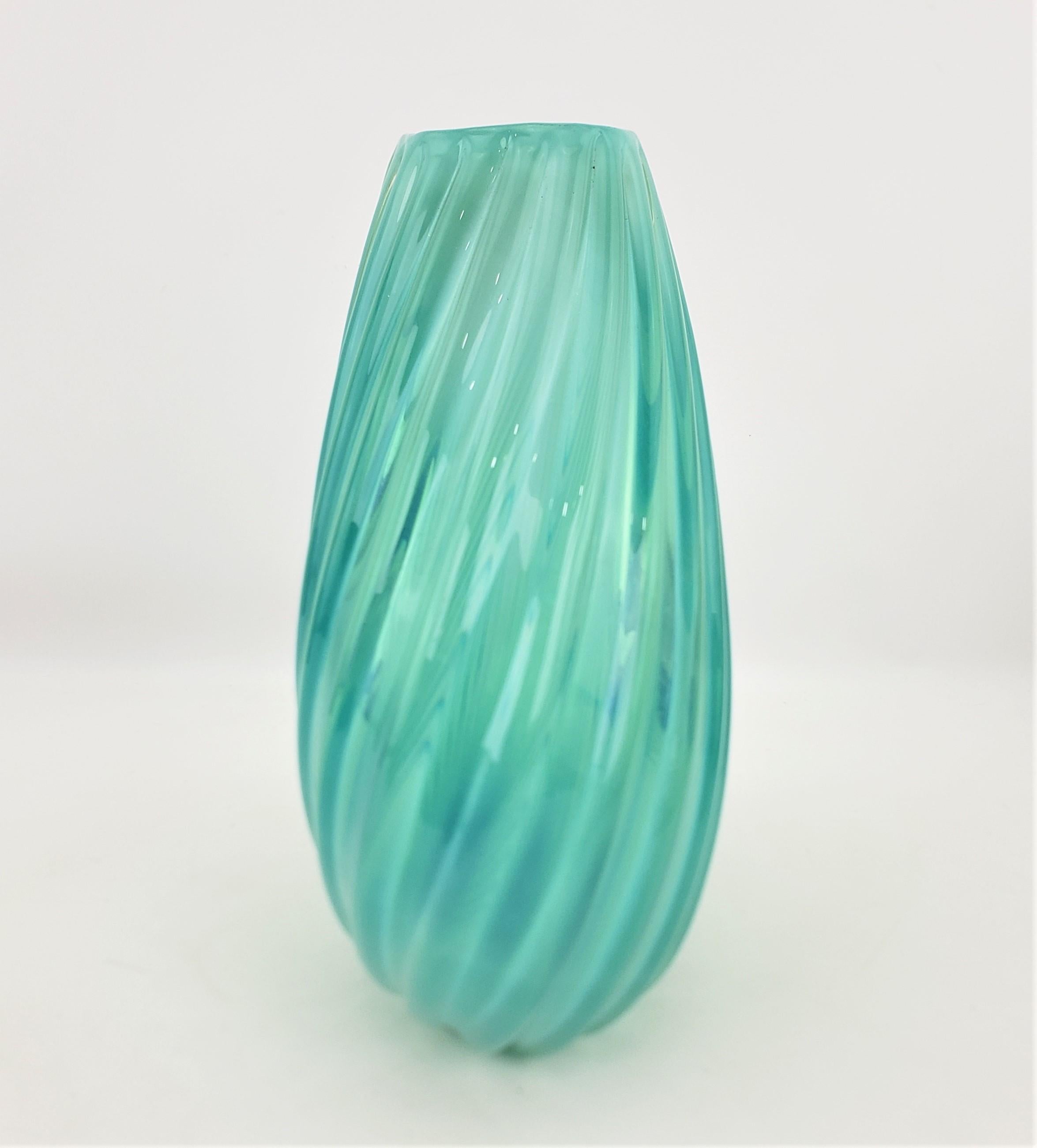 Mid-Century Modern Turquoise or Aquamarine Barovier Styled Ribbed Art Glass Vase In Good Condition For Sale In Hamilton, Ontario