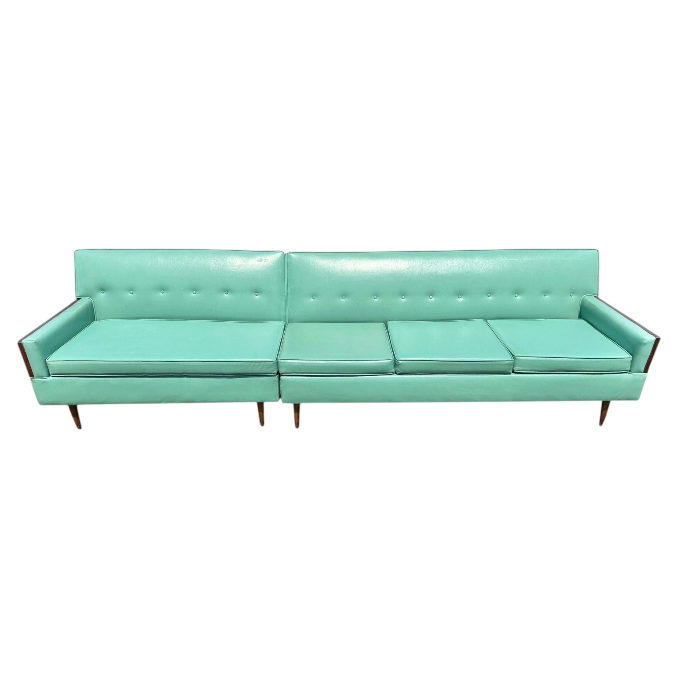 Mid-Century Modern Turquoise & Walnut 2-Piece Sectional Sofa