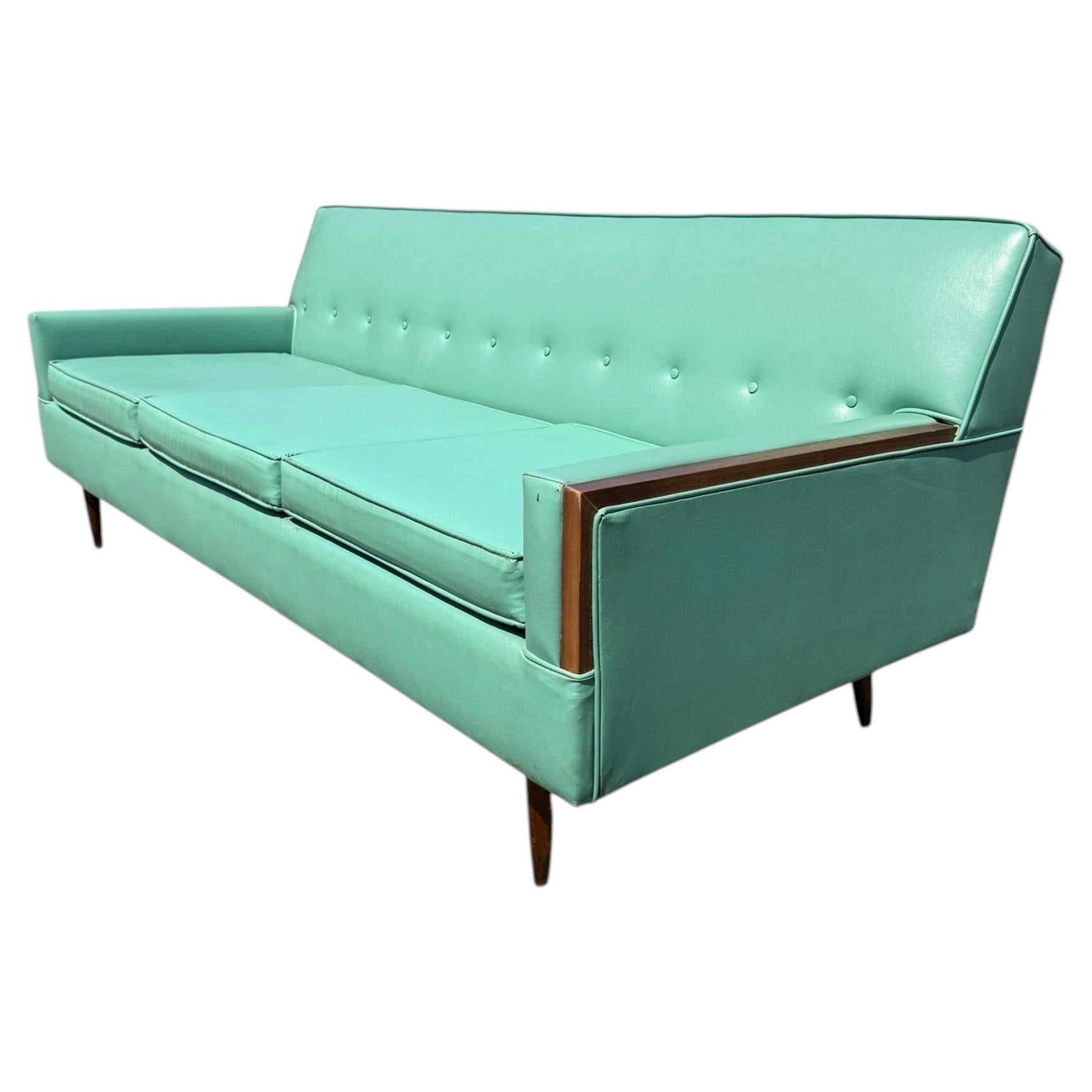 Mid-Century Modern Turquoise & Walnut Sofa For Sale