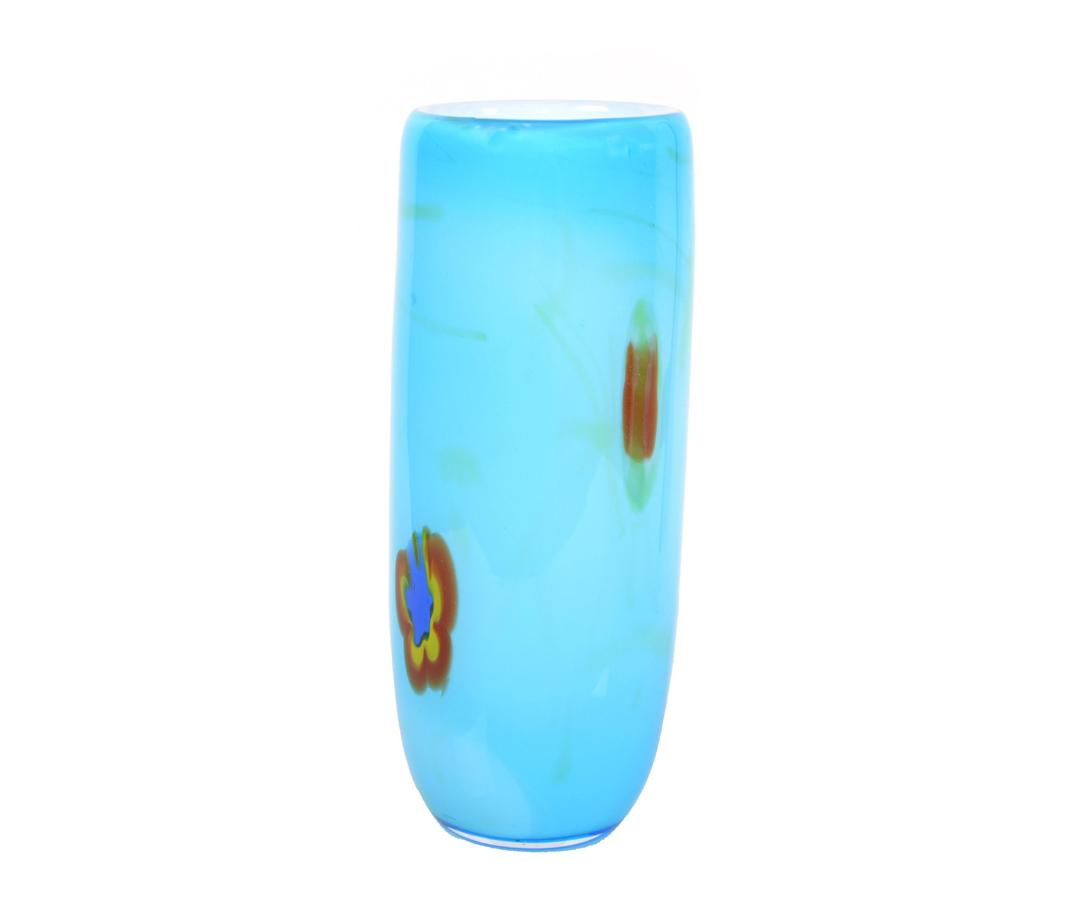 Italian Mid-Century Modern Turquoise and White Blown Murano Art Glass Flower Vase, Italy