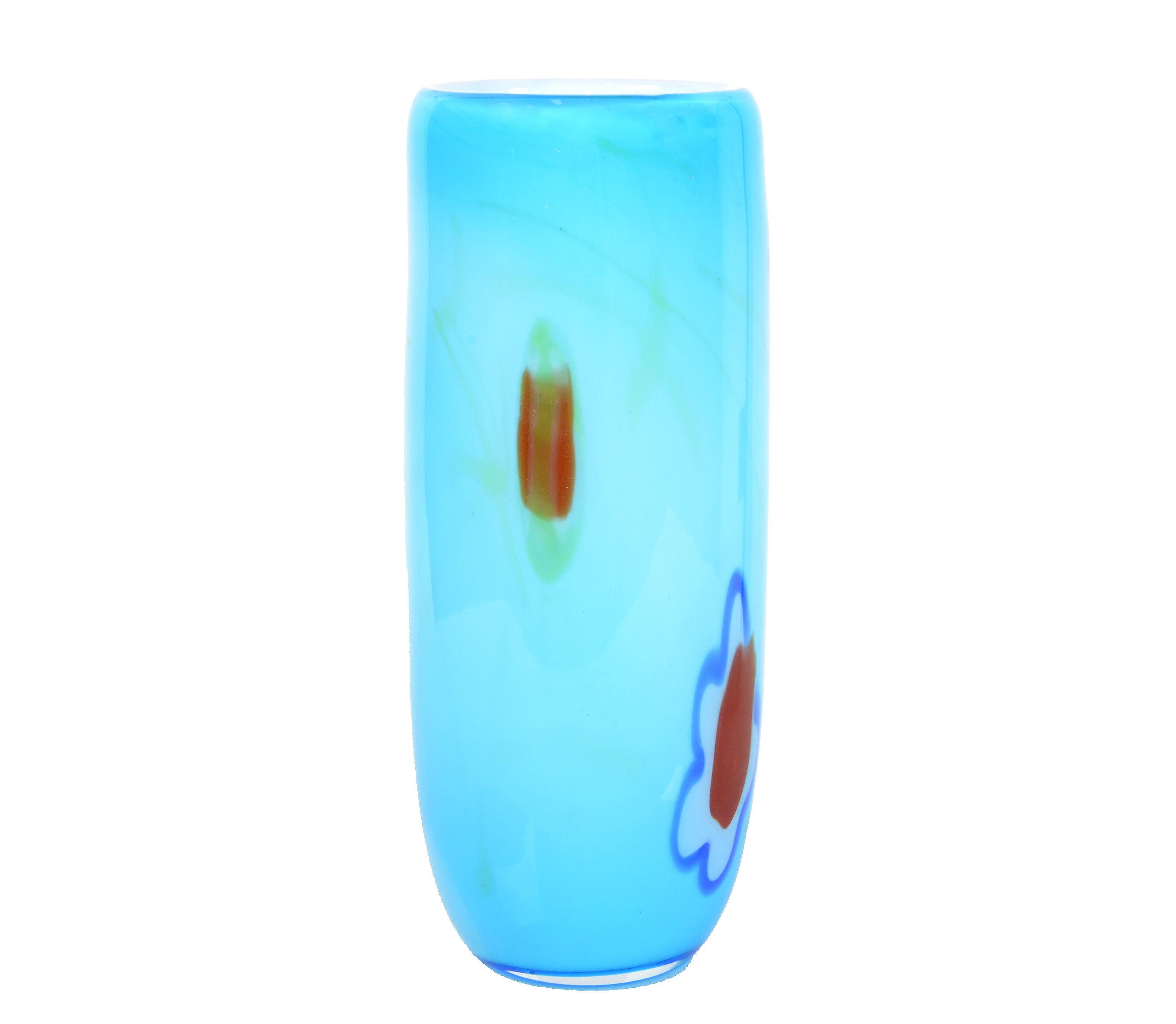 Hand-Crafted Mid-Century Modern Turquoise and White Blown Murano Art Glass Flower Vase, Italy