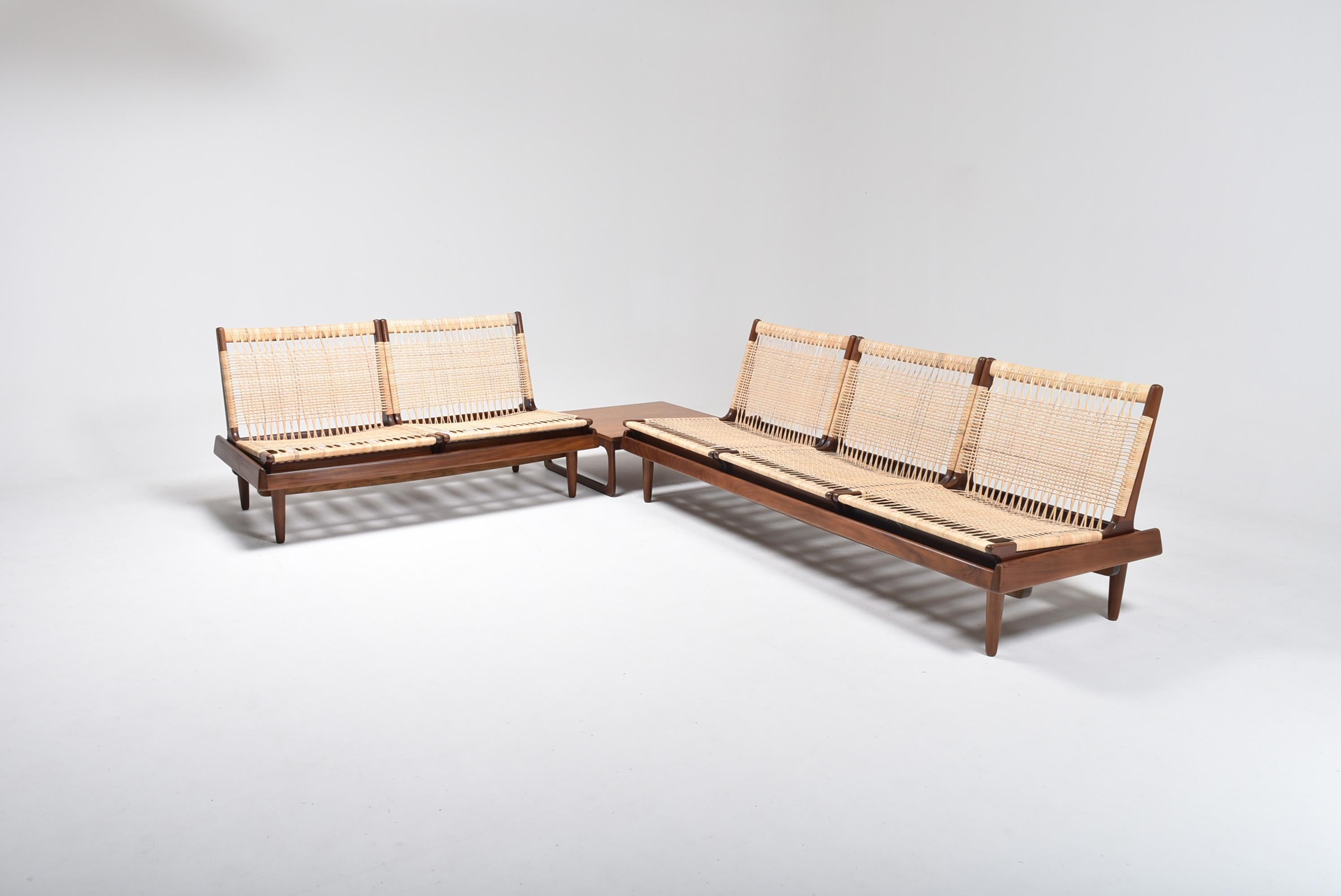 Modular Sofa designed by Hans Olsen in 1957 and produced by Bramin, in Denmark.
Known as the Model 161, or TV modular sofa.
The set is composed by two benches, that can also be used as daybeds, five seats and one table.
The seats and table can be