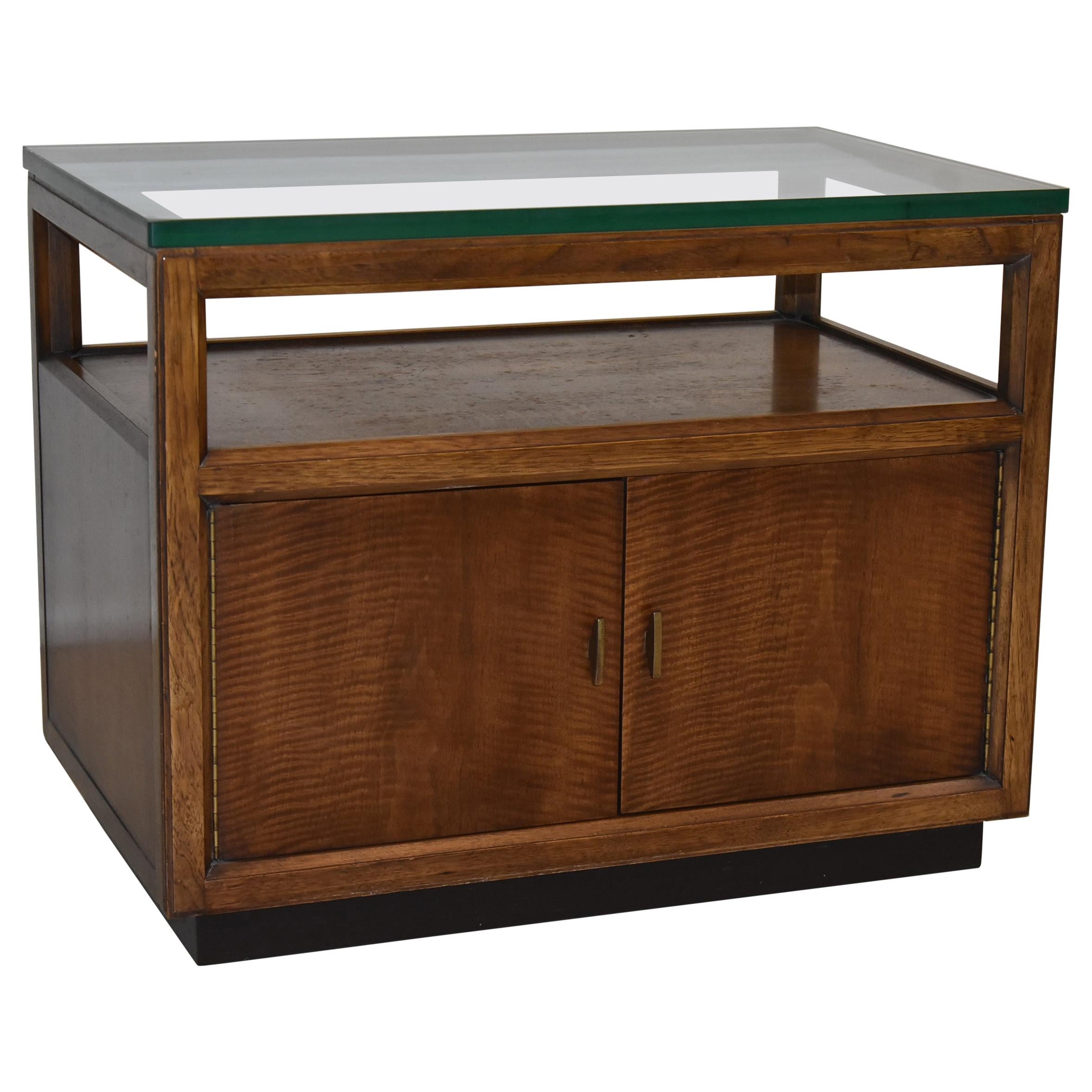 Table de télévision/table d'appoint moderne du milieu du siècle dernier avec plateau en verre épais et bois mélangé
