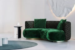 Mid-Century Modern Twins Curved Sofa, Messing, DEDAR Samt, Handmade Greenapple