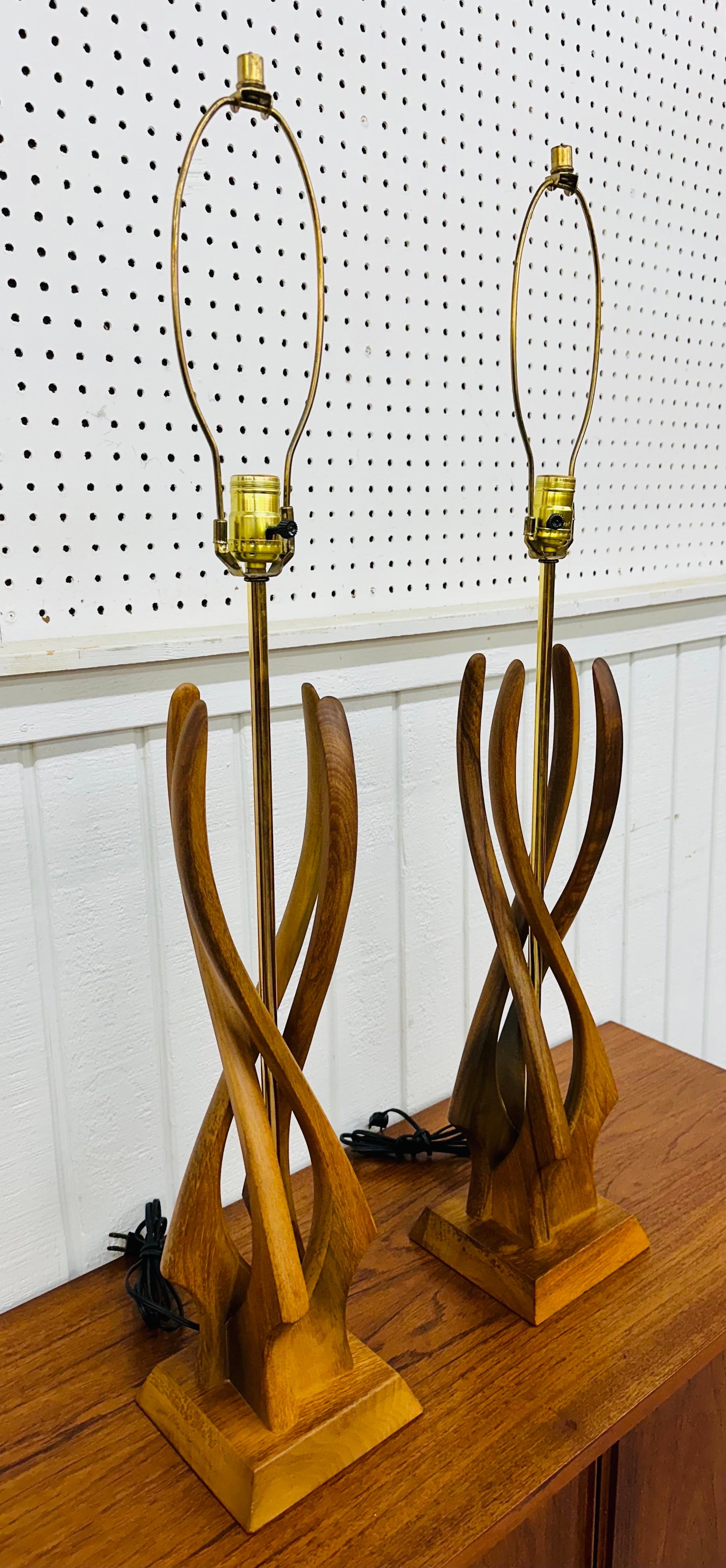 American Mid-Century Modern Twisted Walnut Table Lamps - Set of 2