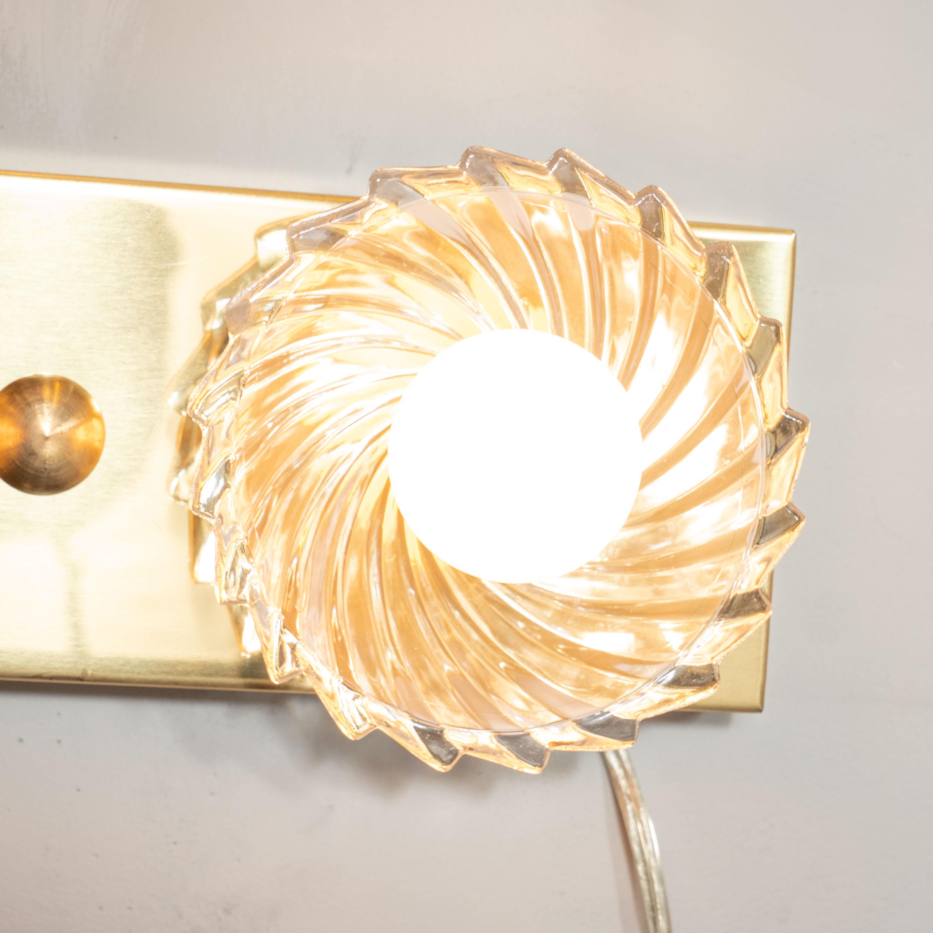 American Mid-Century Modern Two Bulb Brass and Glass Pinwheel Vanity Sconce by Lightolier For Sale