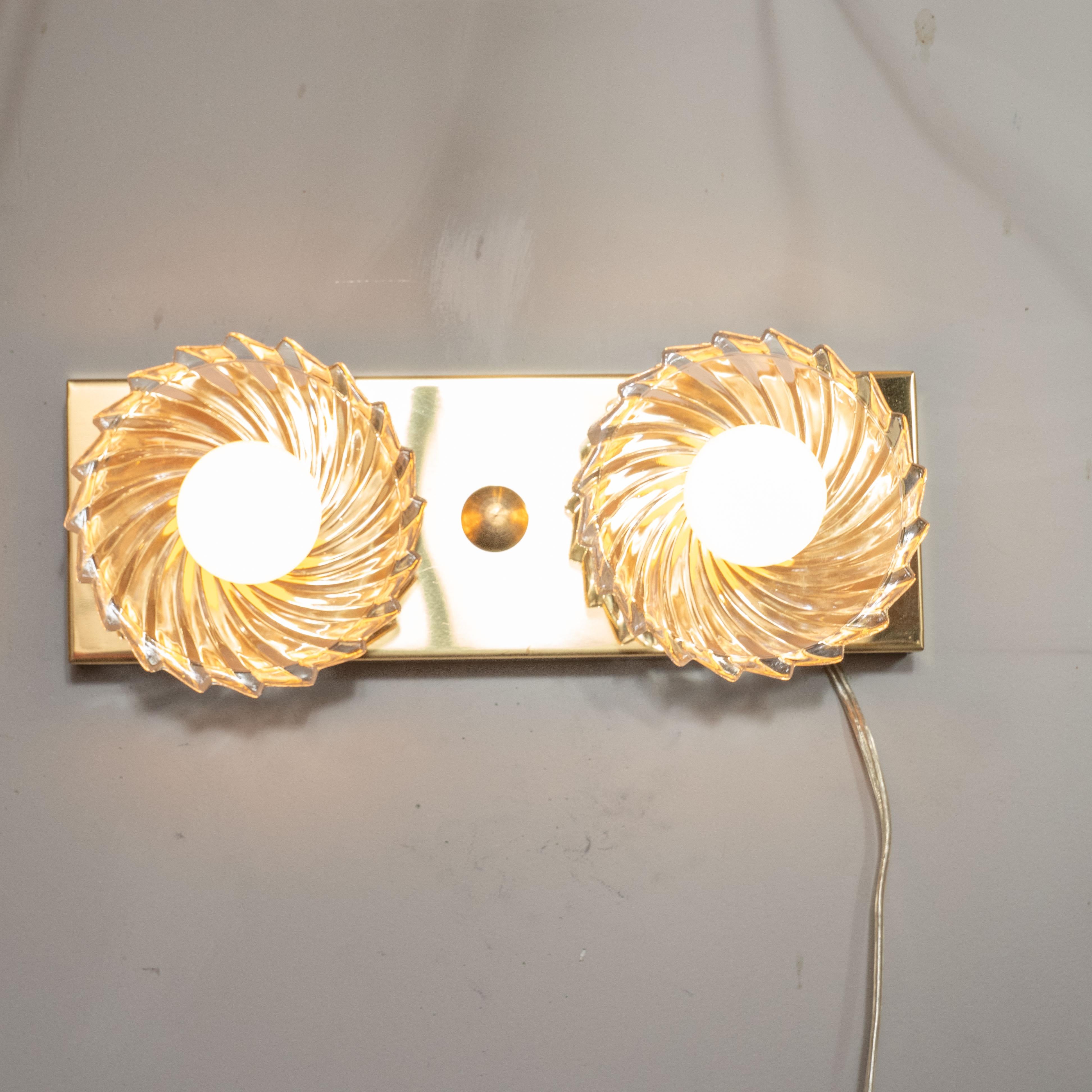 Mid-Century Modern Two Bulb Brass and Glass Pinwheel Vanity Sconce by Lightolier For Sale 2