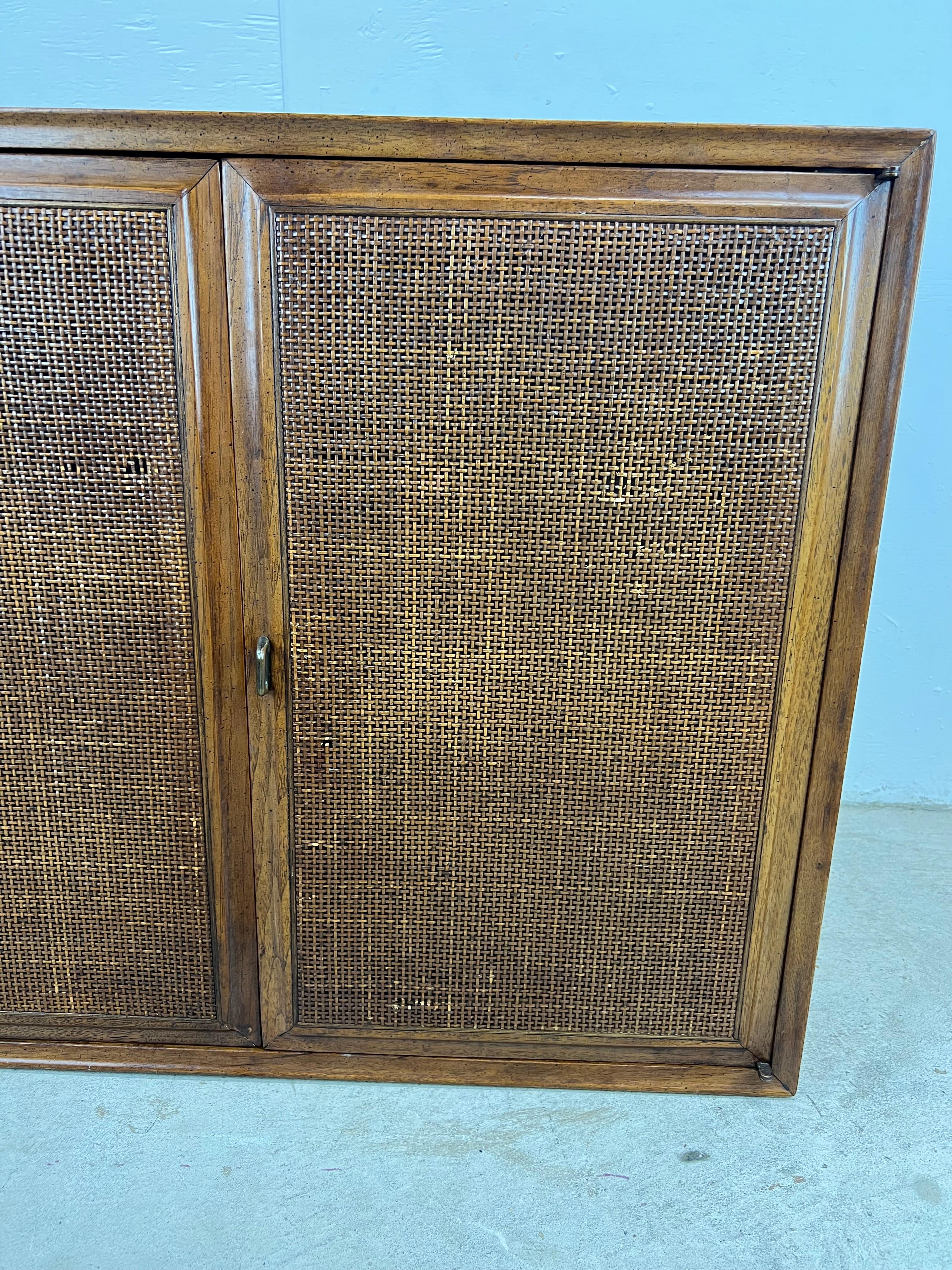 Mid Century Modern Two Door Cabinet with Adjustable Shelving & Cane Doors For Sale 6