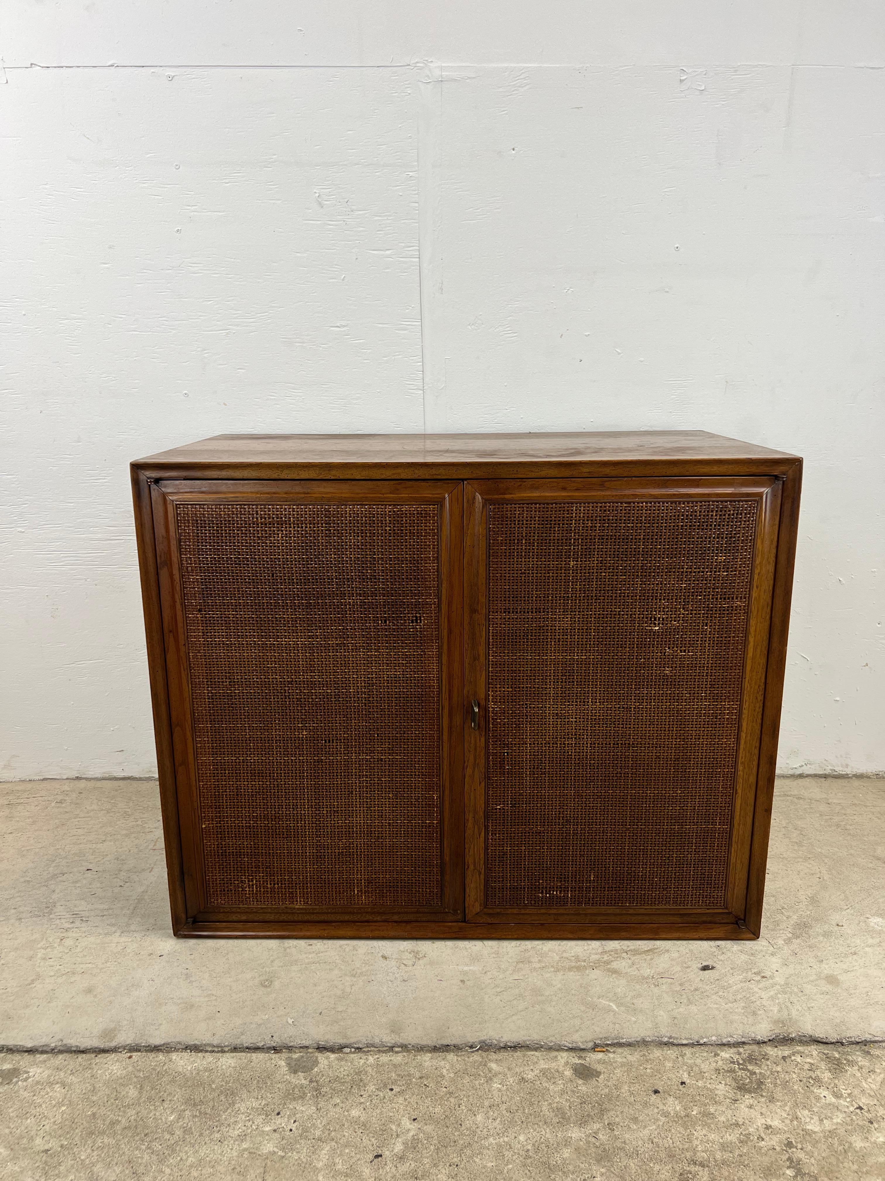 Mid Century Modern Two Door Cabinet with Adjustable Shelving & Cane Doors For Sale 7