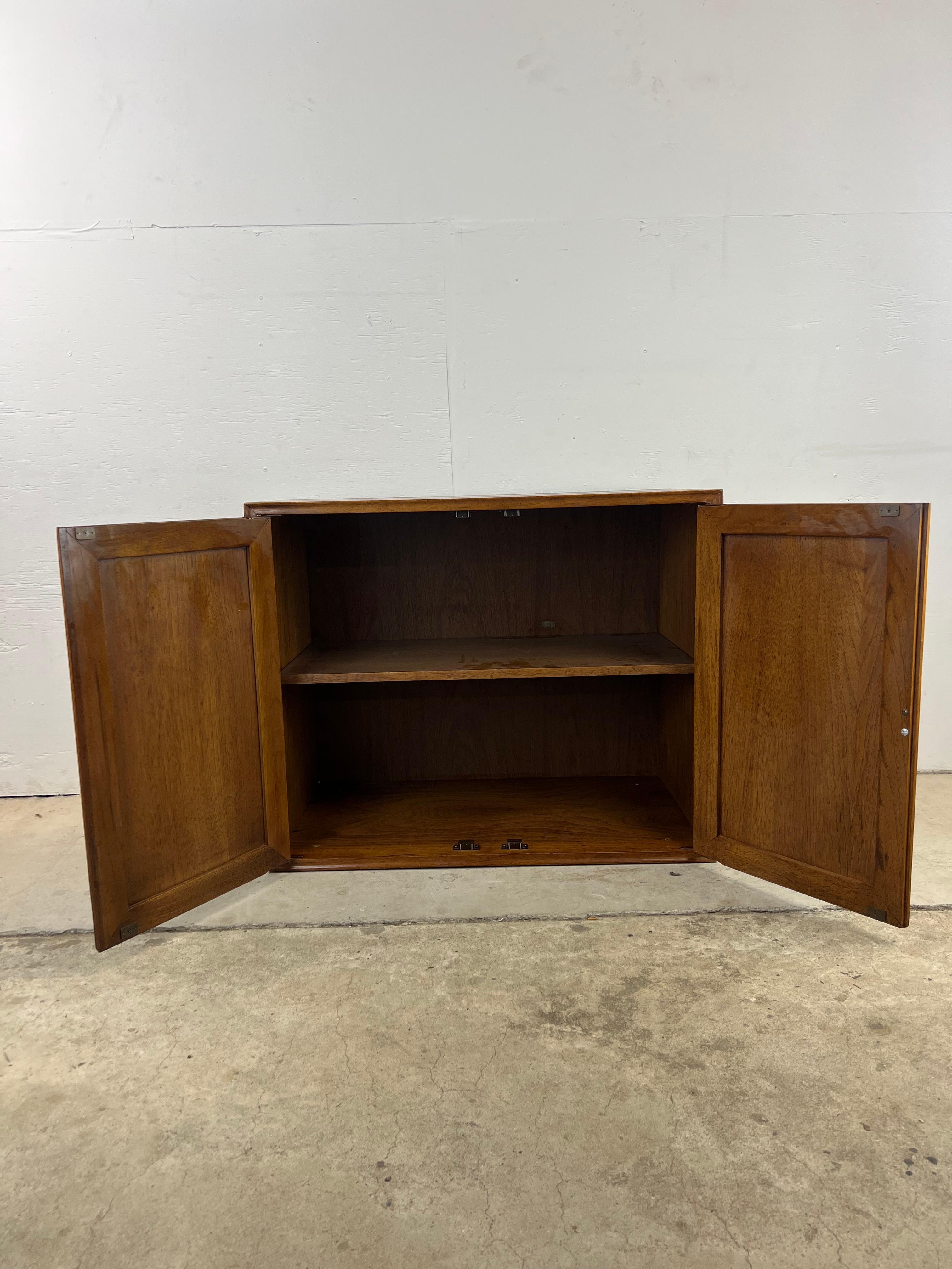 Mid Century Modern Two Door Cabinet with Adjustable Shelving & Cane Doors For Sale 11