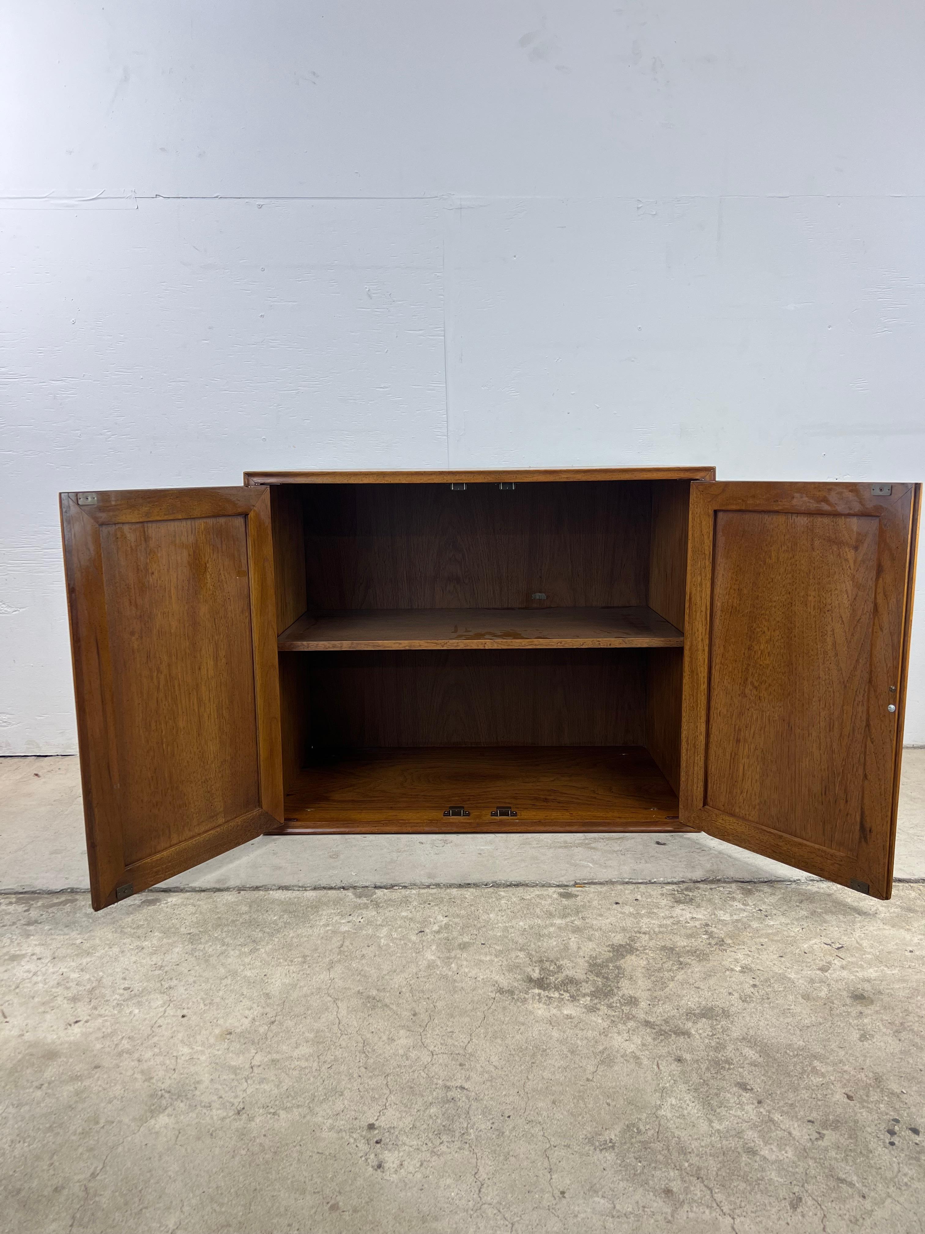 Mid Century Modern Two Door Cabinet with Adjustable Shelving & Cane Doors For Sale 12