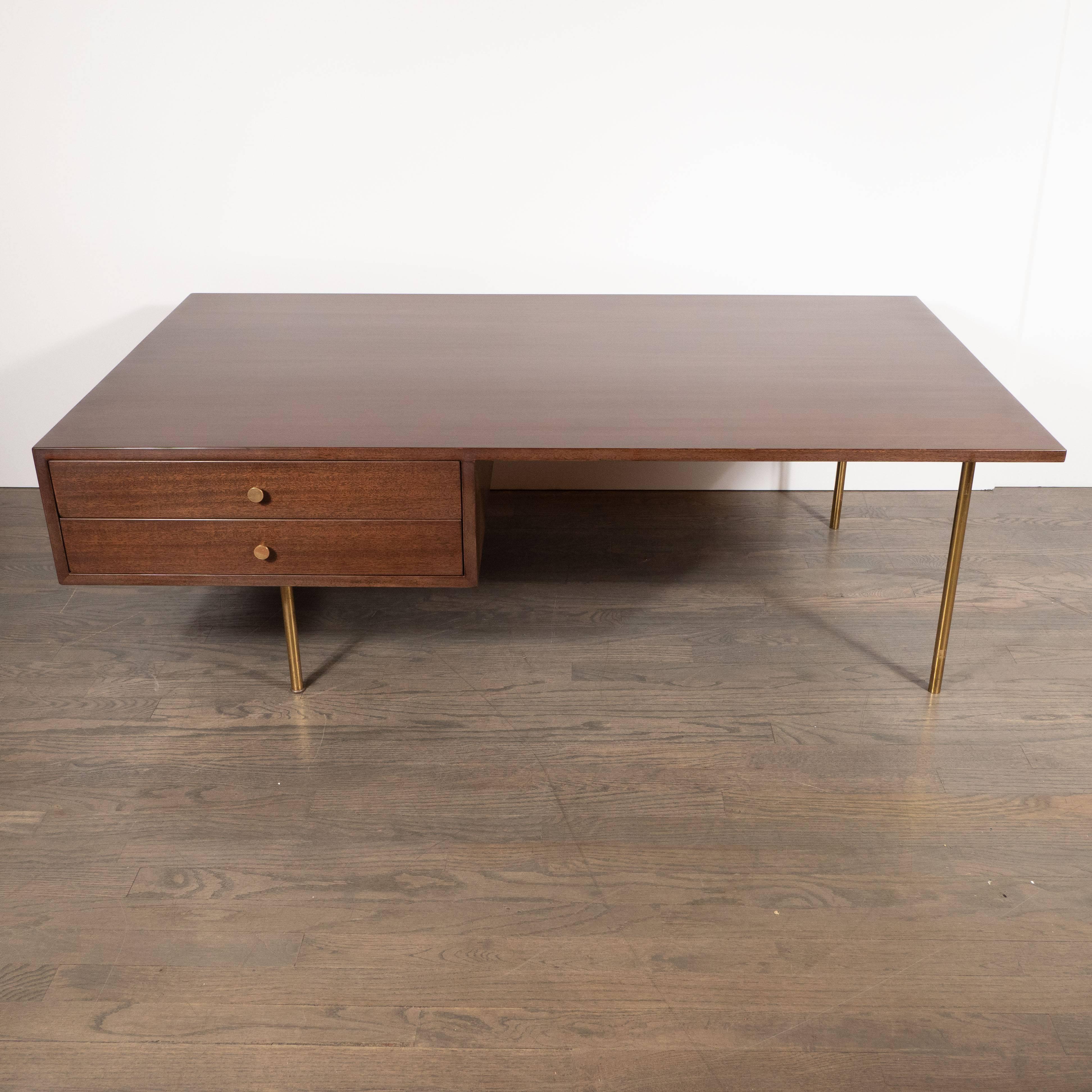 Mid-Century Modern Two-Drawer Cocktail Table in Walnut and Brass, Harvey Probber In Excellent Condition For Sale In New York, NY