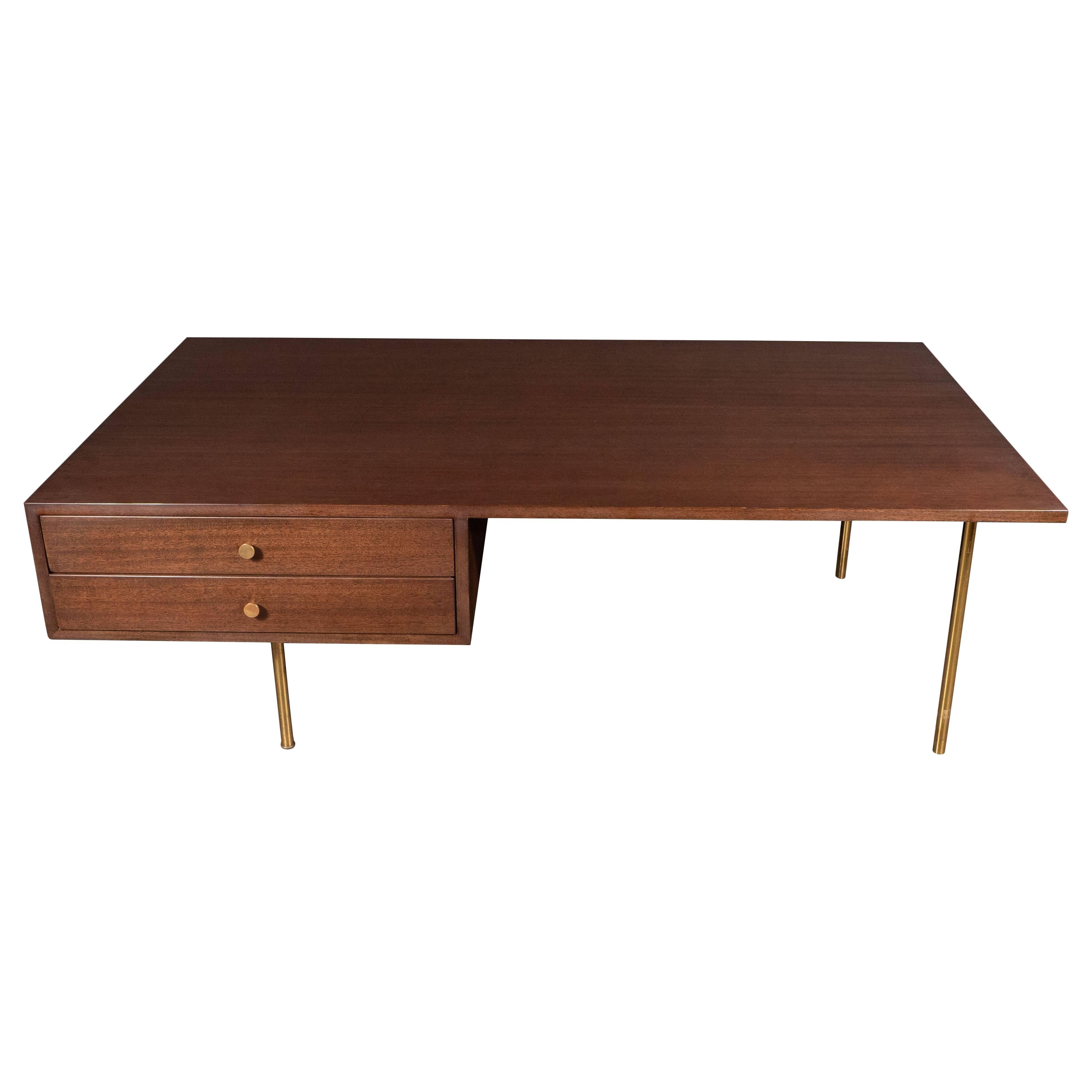 Mid-Century Modern Two-Drawer Cocktail Table in Walnut and Brass, Harvey Probber