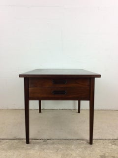 Mid Century Modern Two Drawer End Table with Carved Wood Pulls