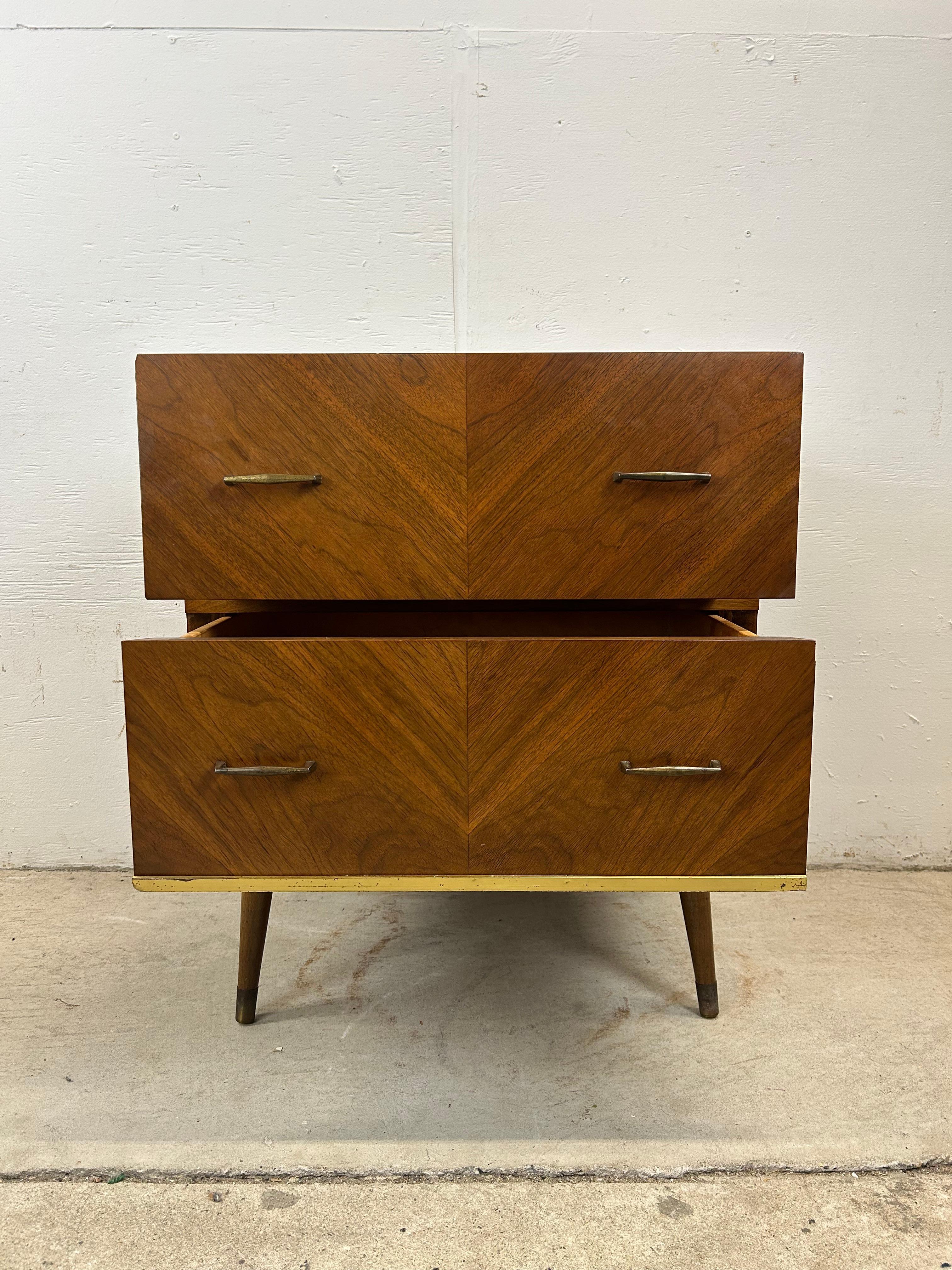 Mid Century Modern Two Drawer Nightstand with Tall Tapered Legs For Sale 2