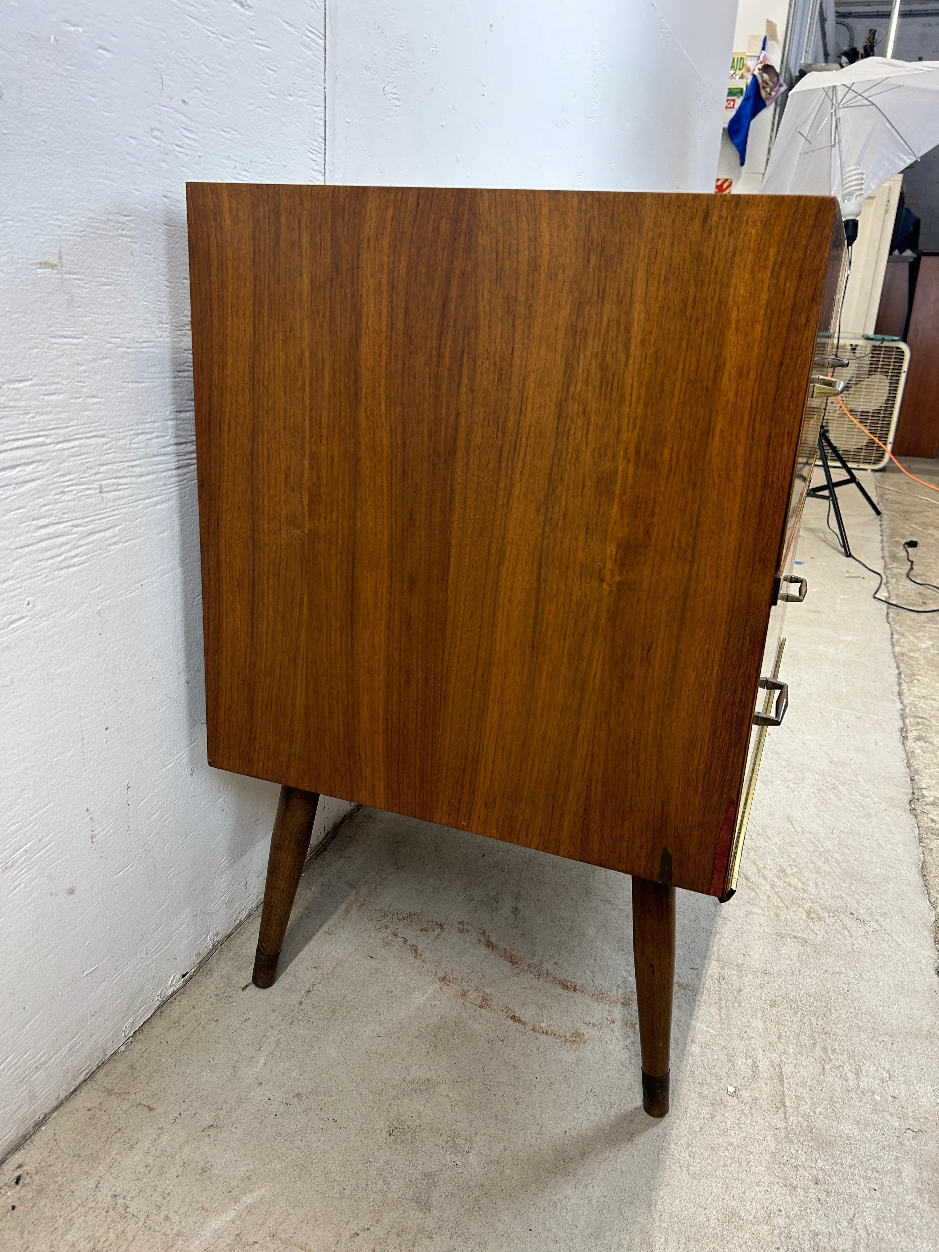 Mid Century Modern Two Drawer Nightstand with Tall Tapered Legs For Sale 6