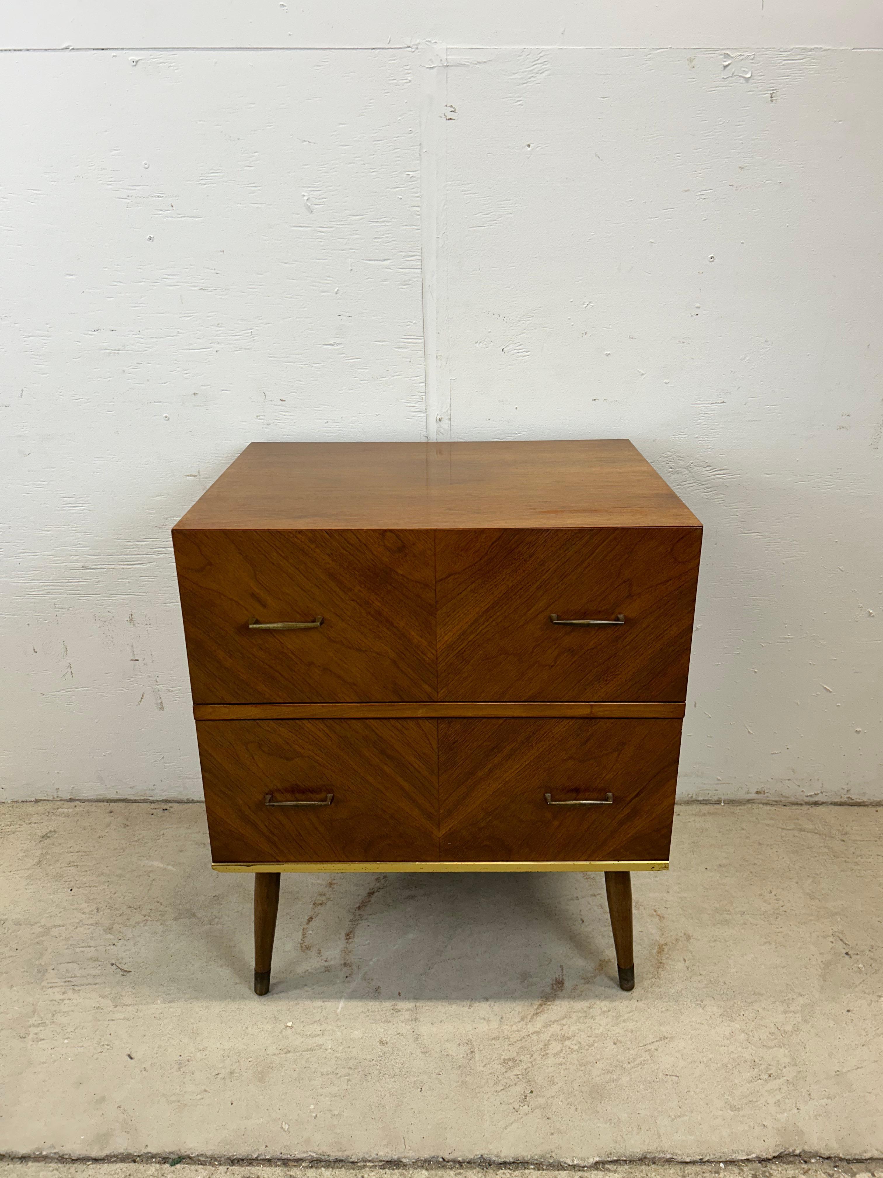 Mid-Century Modern Mid Century Modern Two Drawer Nightstand with Tall Tapered Legs For Sale