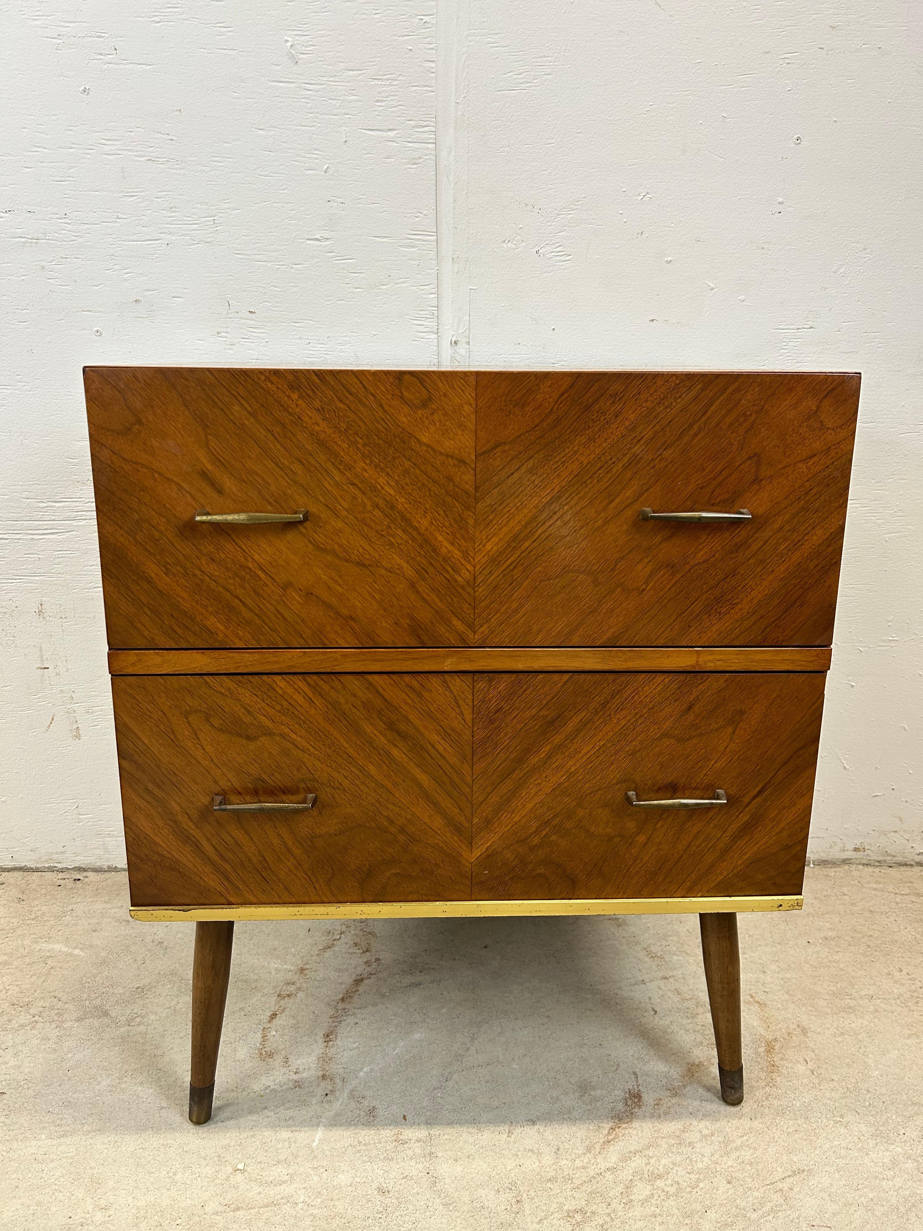 Veneer Mid Century Modern Two Drawer Nightstand with Tall Tapered Legs For Sale