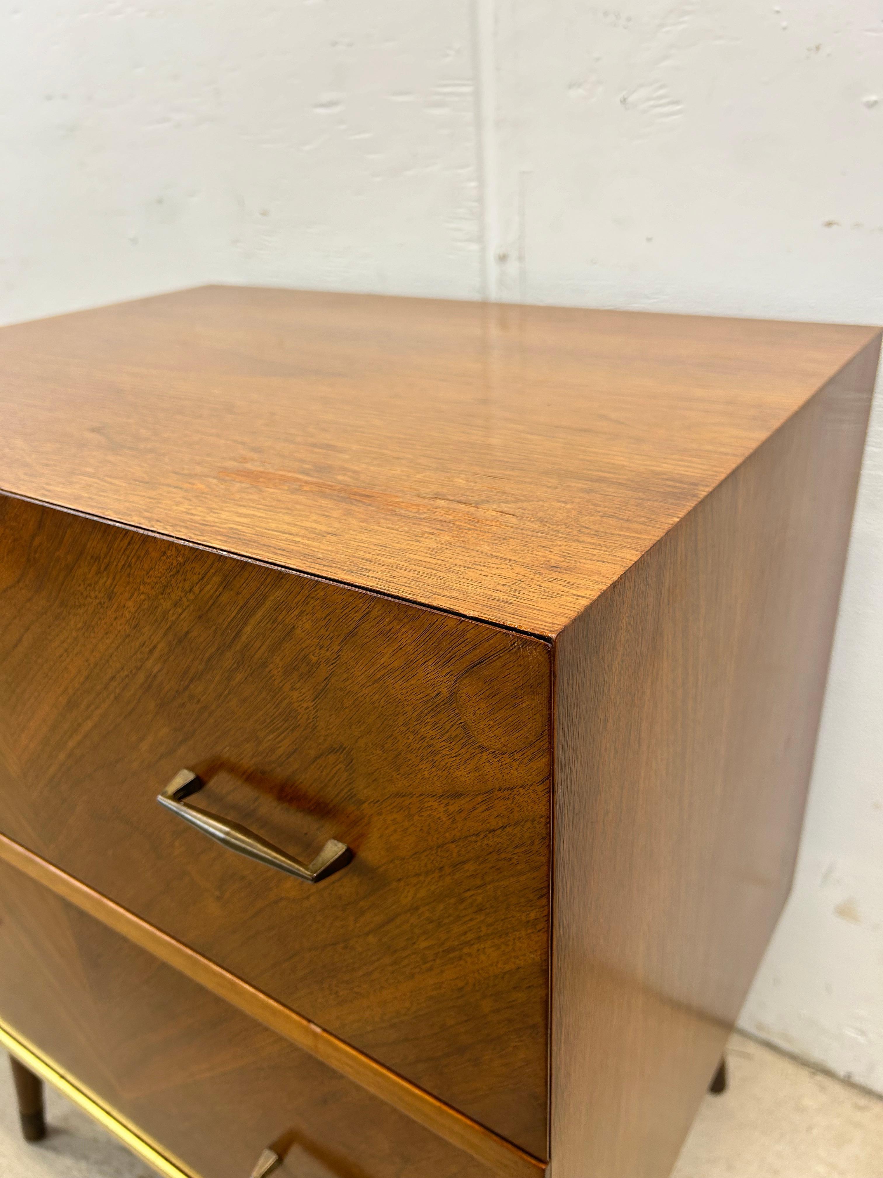 Walnut Mid Century Modern Two Drawer Nightstand with Tall Tapered Legs For Sale
