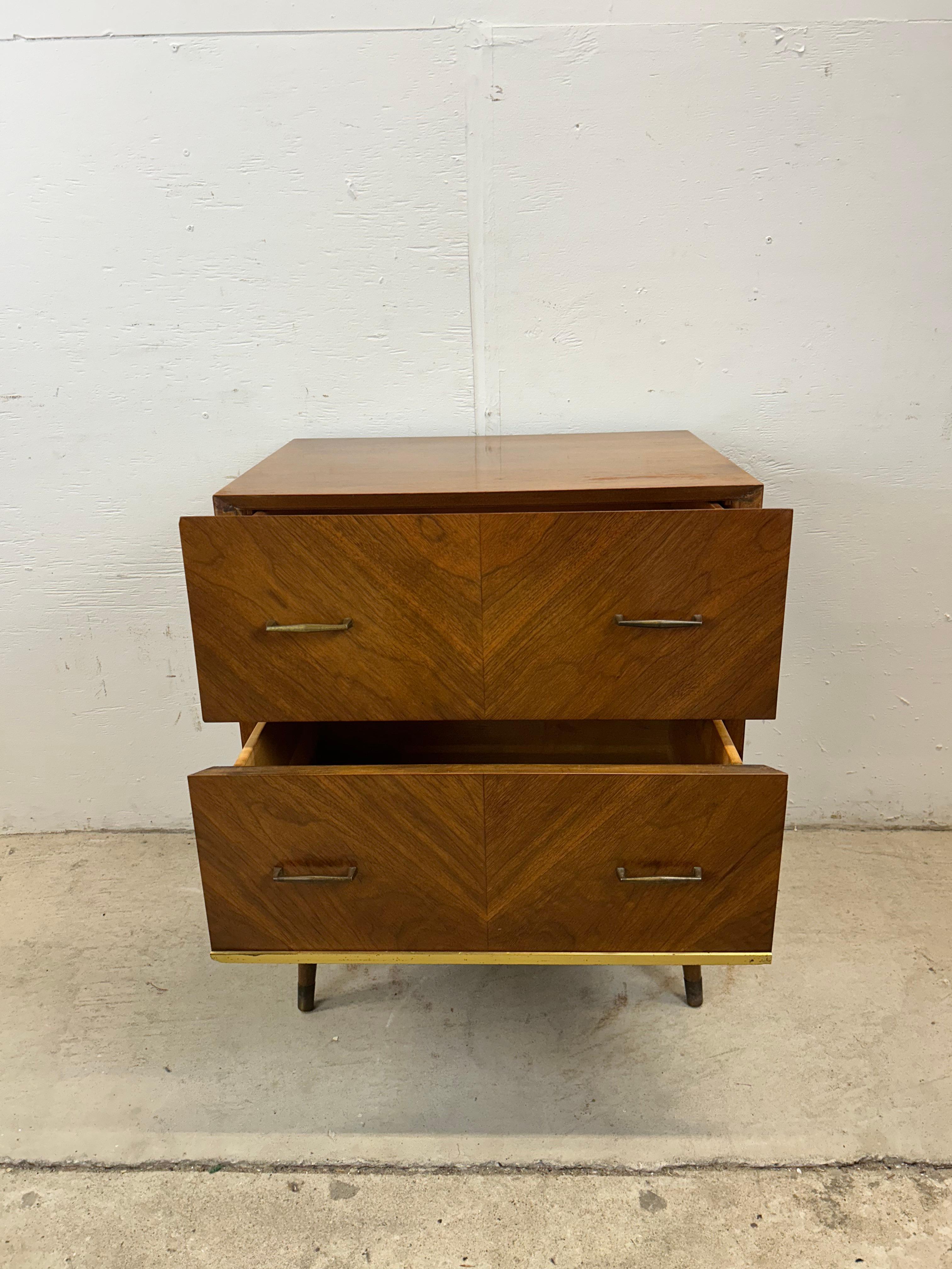 Mid Century Modern Two Drawer Nightstand with Tall Tapered Legs For Sale 1