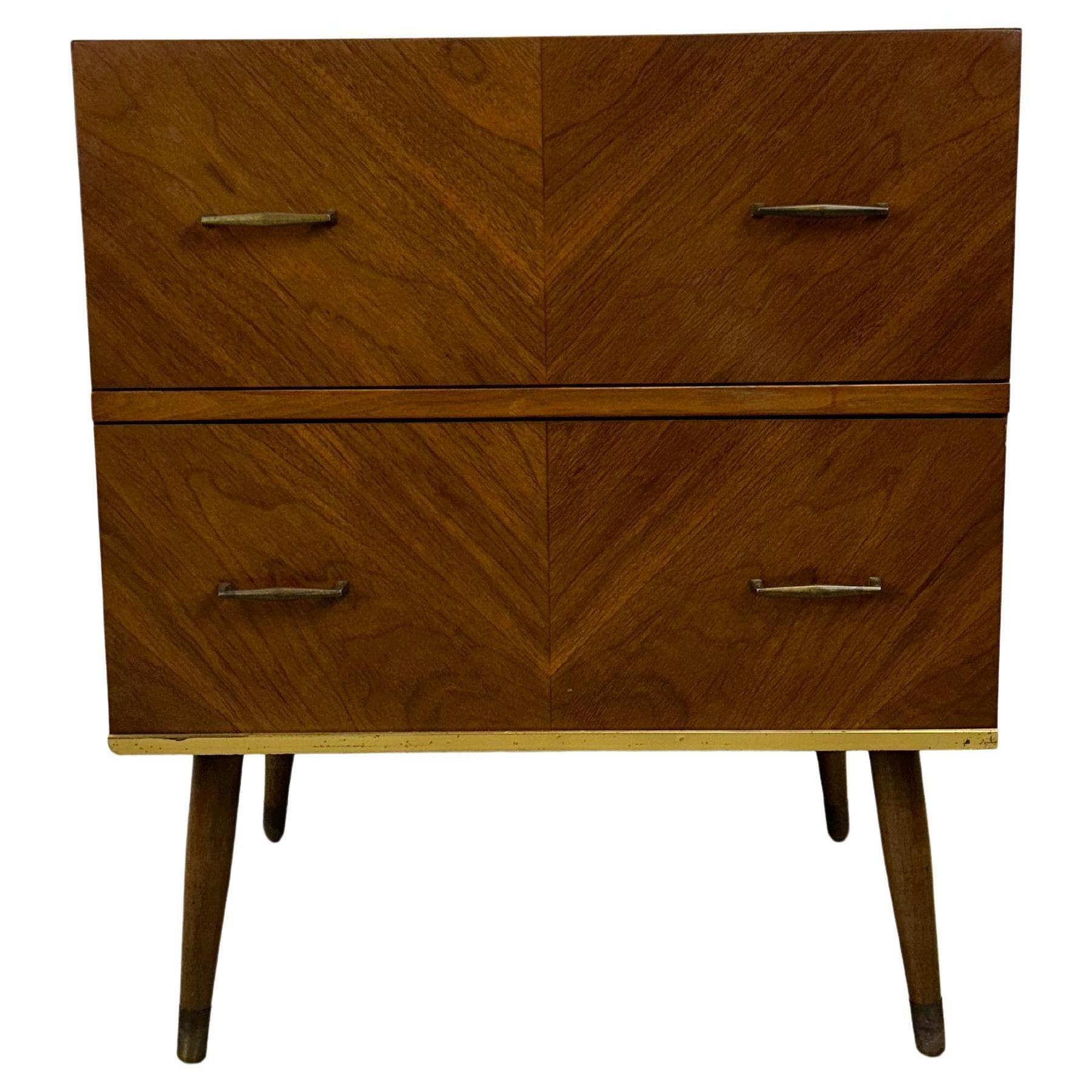 Mid Century Modern Two Drawer Nightstand with Tall Tapered Legs