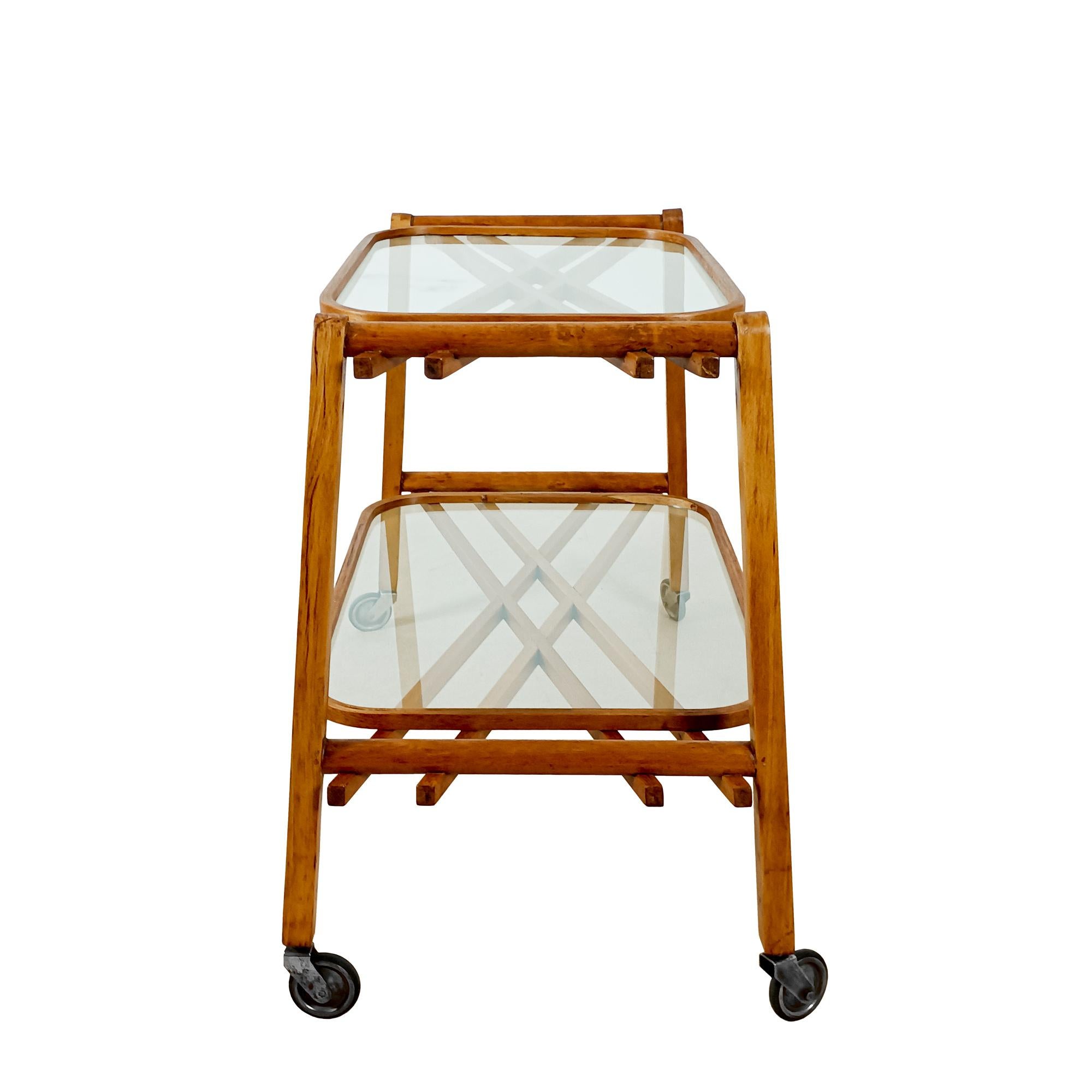 Italian Mid-Century Modern Two-Level Serving Cart In Solid Oak And Glass - Italy 1940 For Sale