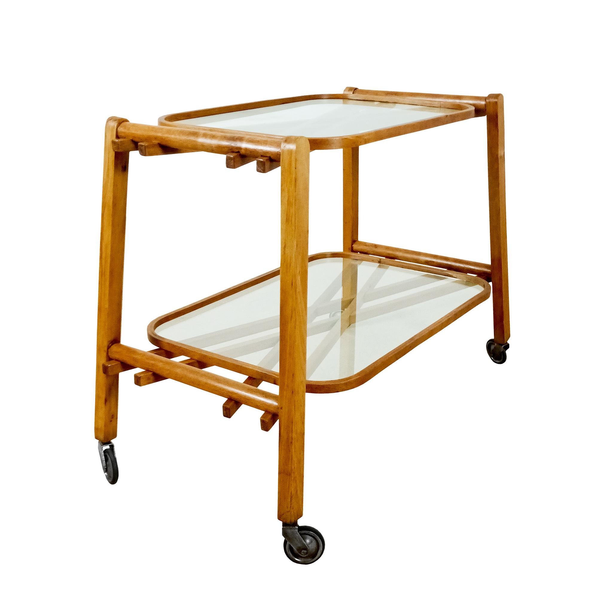 Mid-Century Modern Two-Level Serving Cart In Solid Oak And Glass - Italy 1940 In Good Condition For Sale In Girona, ES