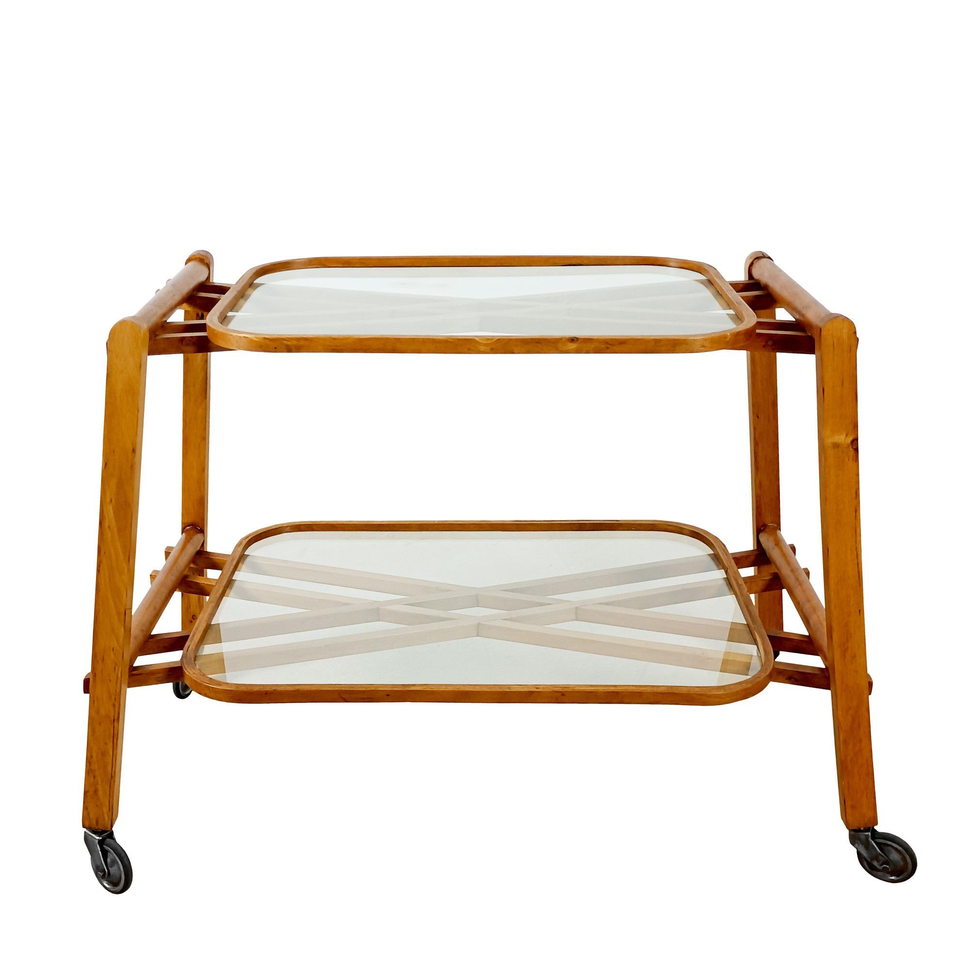 Mid-20th Century Mid-Century Modern Two-Level Serving Cart In Solid Oak And Glass - Italy 1940 For Sale