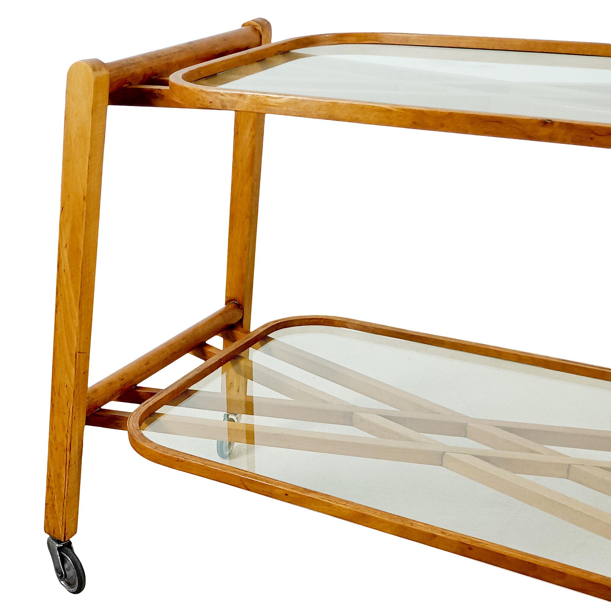Mid-Century Modern Two-Level Serving Cart In Solid Oak And Glass - Italy 1940 For Sale 3