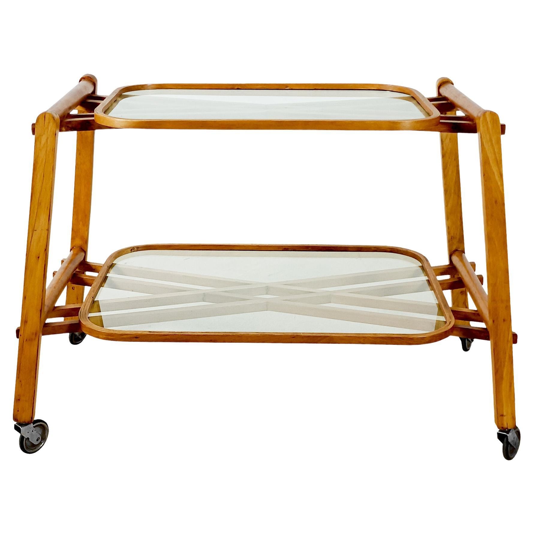 Mid-Century Modern Two-Level Serving Cart In Solid Oak And Glass - Italy 1940 For Sale